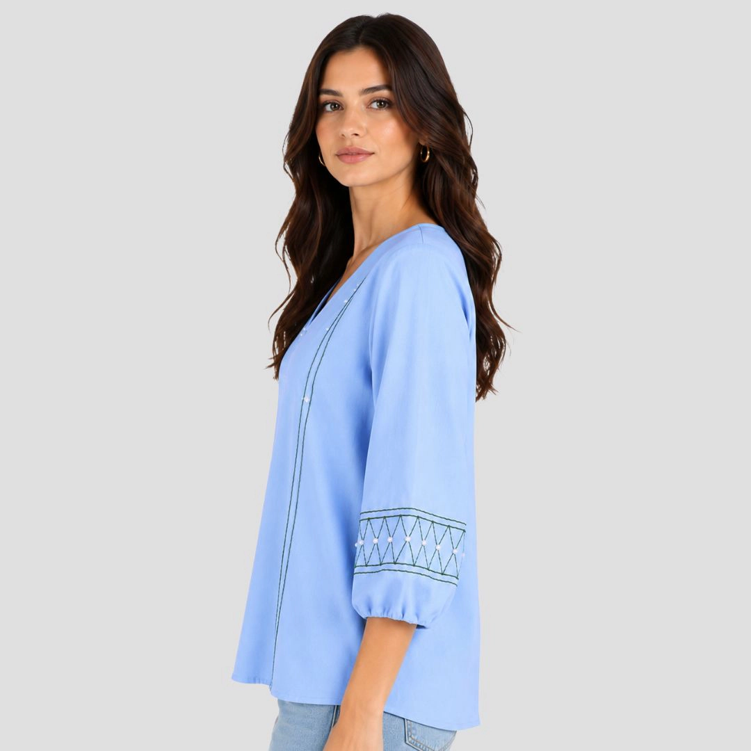 Artyska Women's Linen V-Neck Embroidered Puffed 3/4th Sleeve Blouse Top