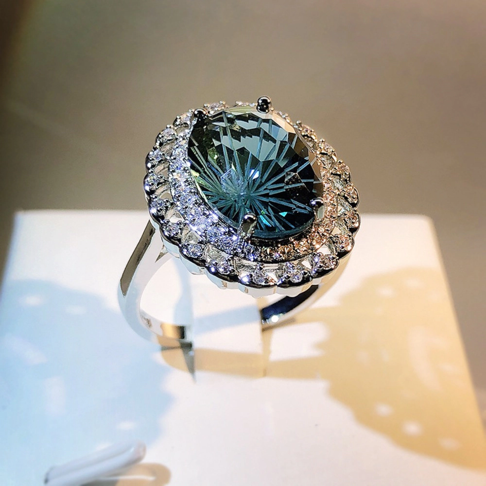 Oval Teal‑Green Cubic Zirconia Double Halo Cocktail Ring Silver‑Tone Luxury Statement Ring for Women