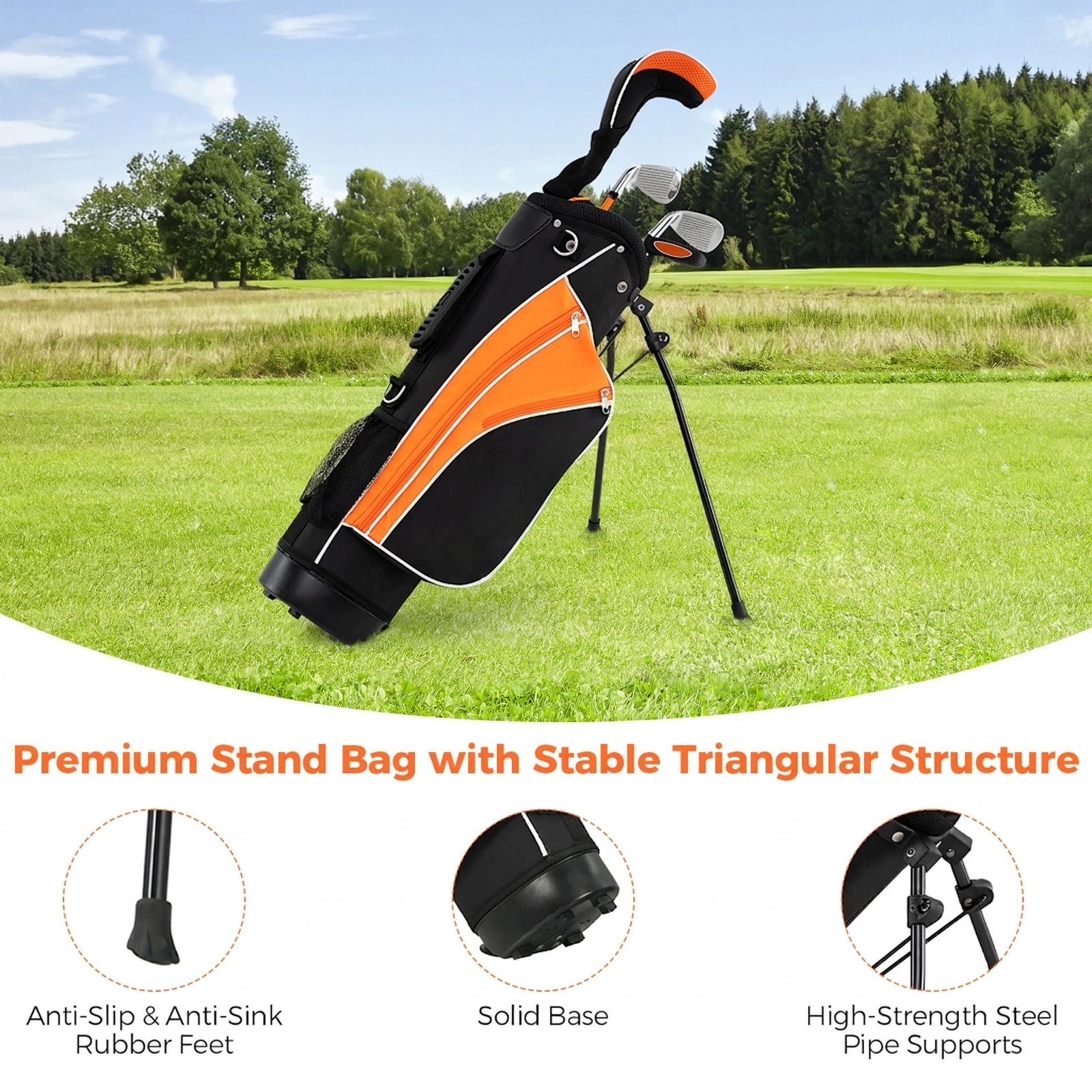 5-pc Junior Golf Club Set for Kids Ages 11-13 with 3 Fairway Wood 7 and 9 Irons Putter and Stand Bag Orange