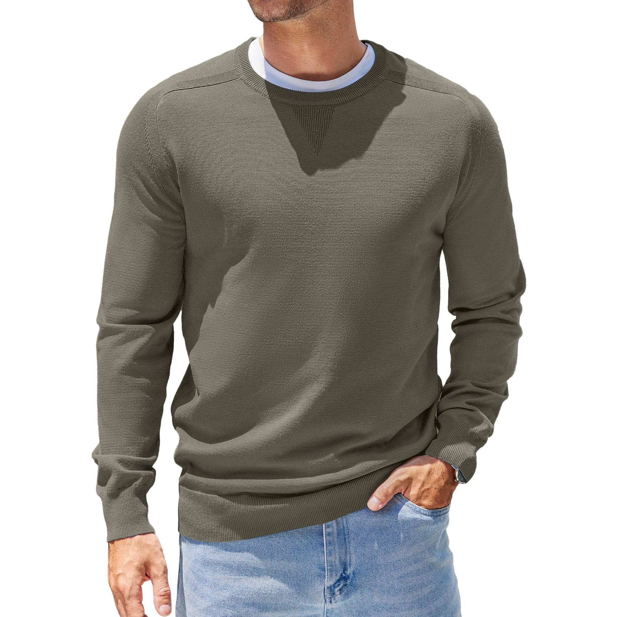 COOFANDY Mens Casual Long Sleeve Sweater Fall Crew Neck V Insert Ribbed Pullover