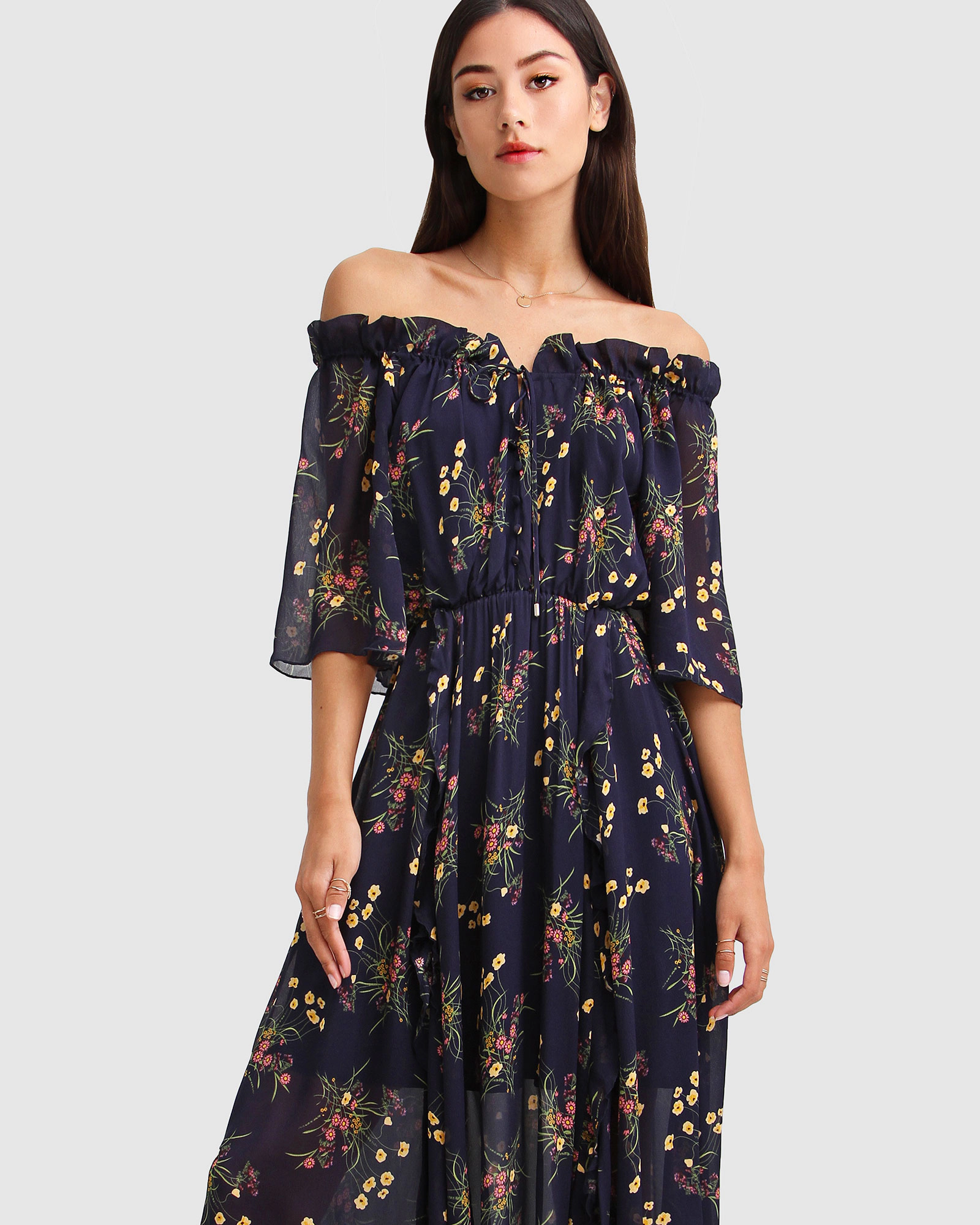 Belle & Bloom Womens Amour Amour Ruffled Midi Dress
