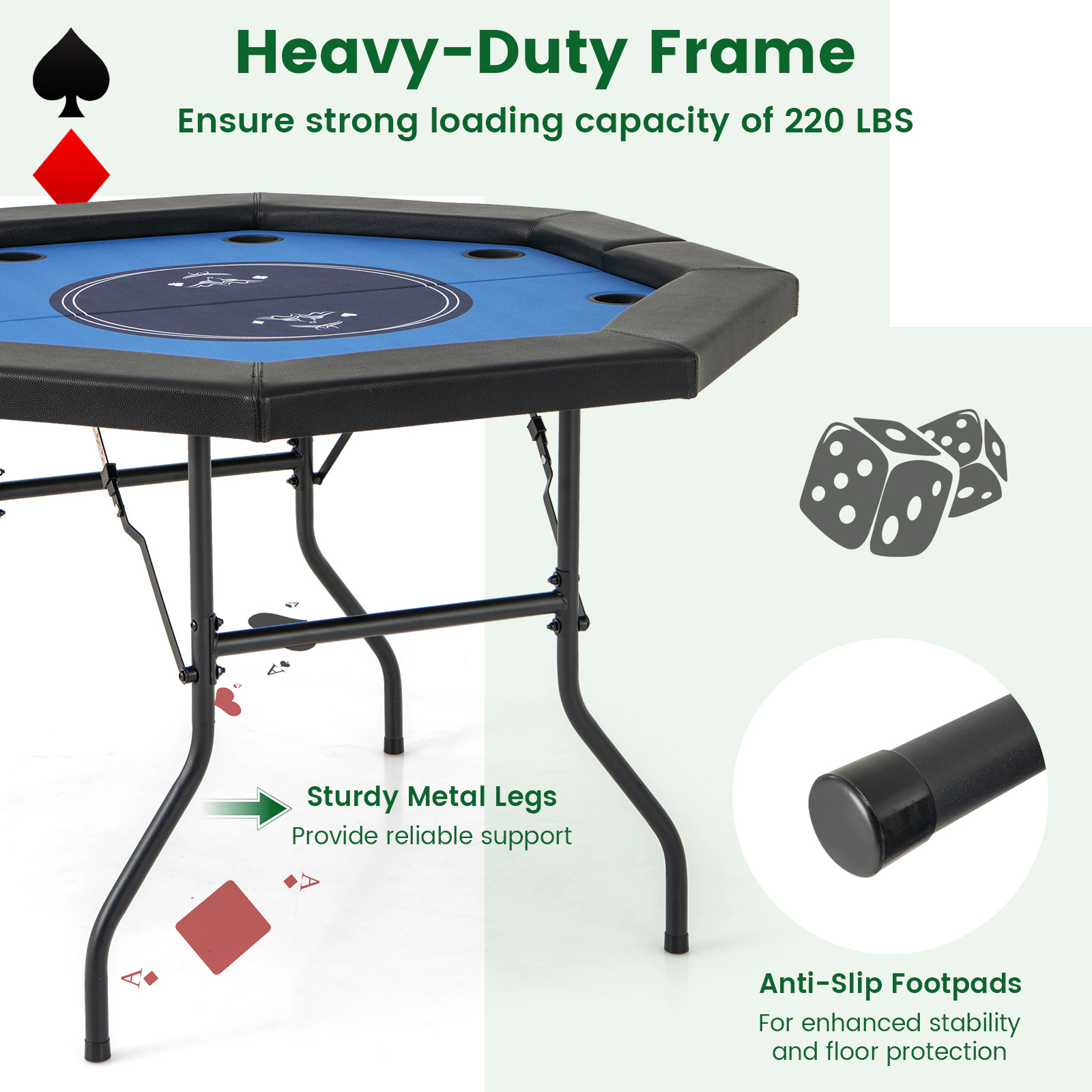 SUGIFT Foldable 48-in Poker Table with Padded Rails and Cup Holders 220-lb Capacity Blue