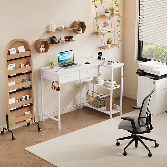 BebreezChic 40" Gaming Desk with Power Outlet, L-Shaped Computer Table, 3-Tier Shelves, 2 Drawers, Headphone Hook