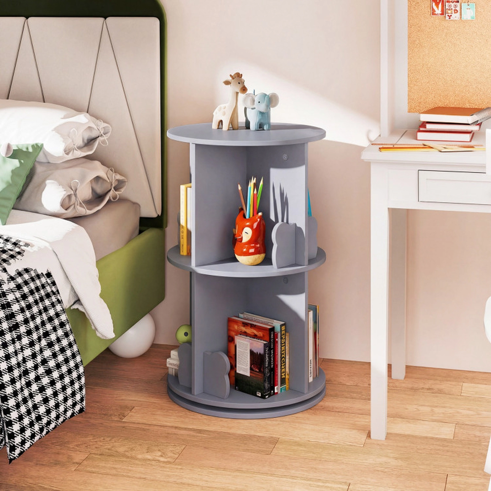SUGIFT 2 Tier Freestanding Kids Rotating Bookshelf Storage Rack Toy Organizer 33-lb Capacity Coffee 8 Compartments