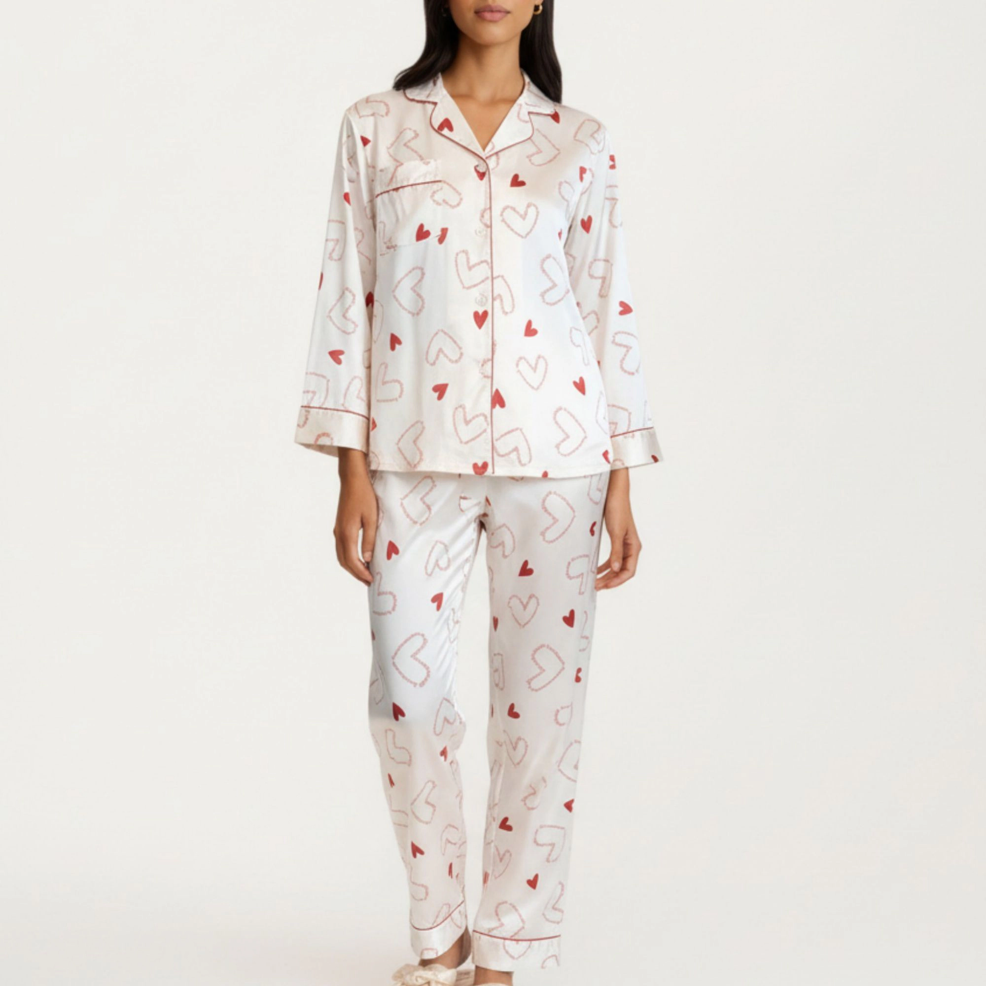 Anna-Kaci Women's 2-Piece Valentine Heart Print Satin Button Front Pajama Top Contrast Piping and Relaxed Fit Pants