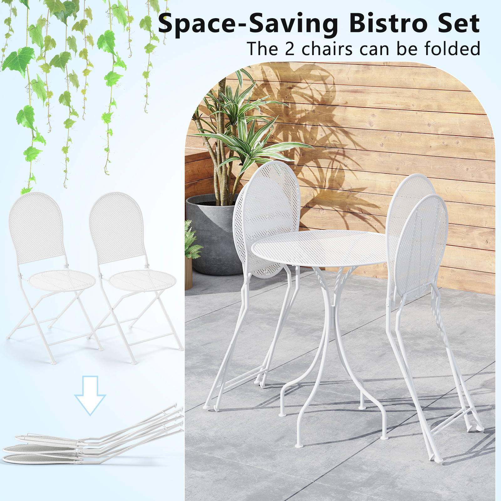 SUGIFT 3-Piece Folding Metal Patio Bistro Set, Round Table and 2 Flat-Folding Chairs