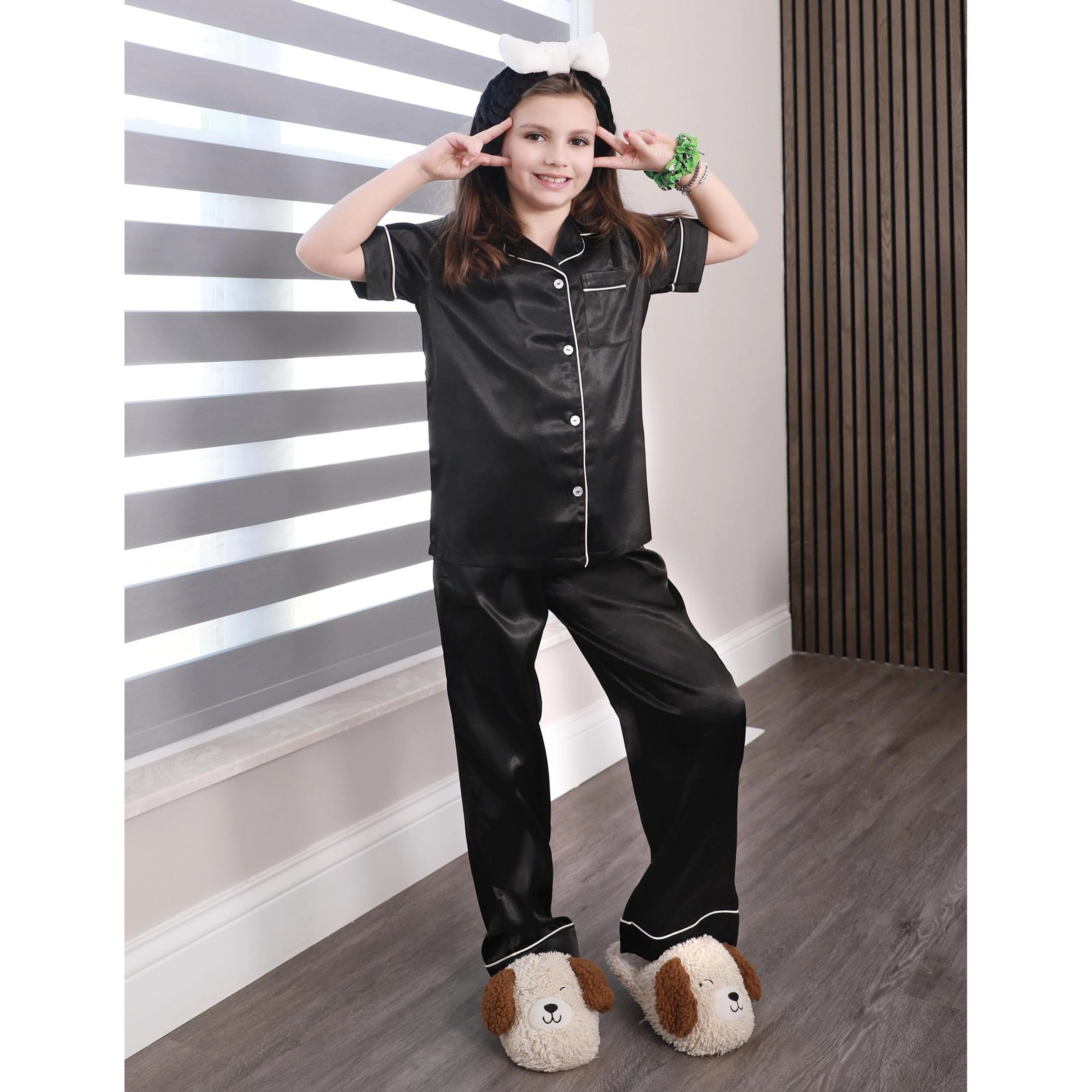 Arshiner Girls Pajamas Silk Satin Button Down Piece Short Sleeve Sleepwear Set
