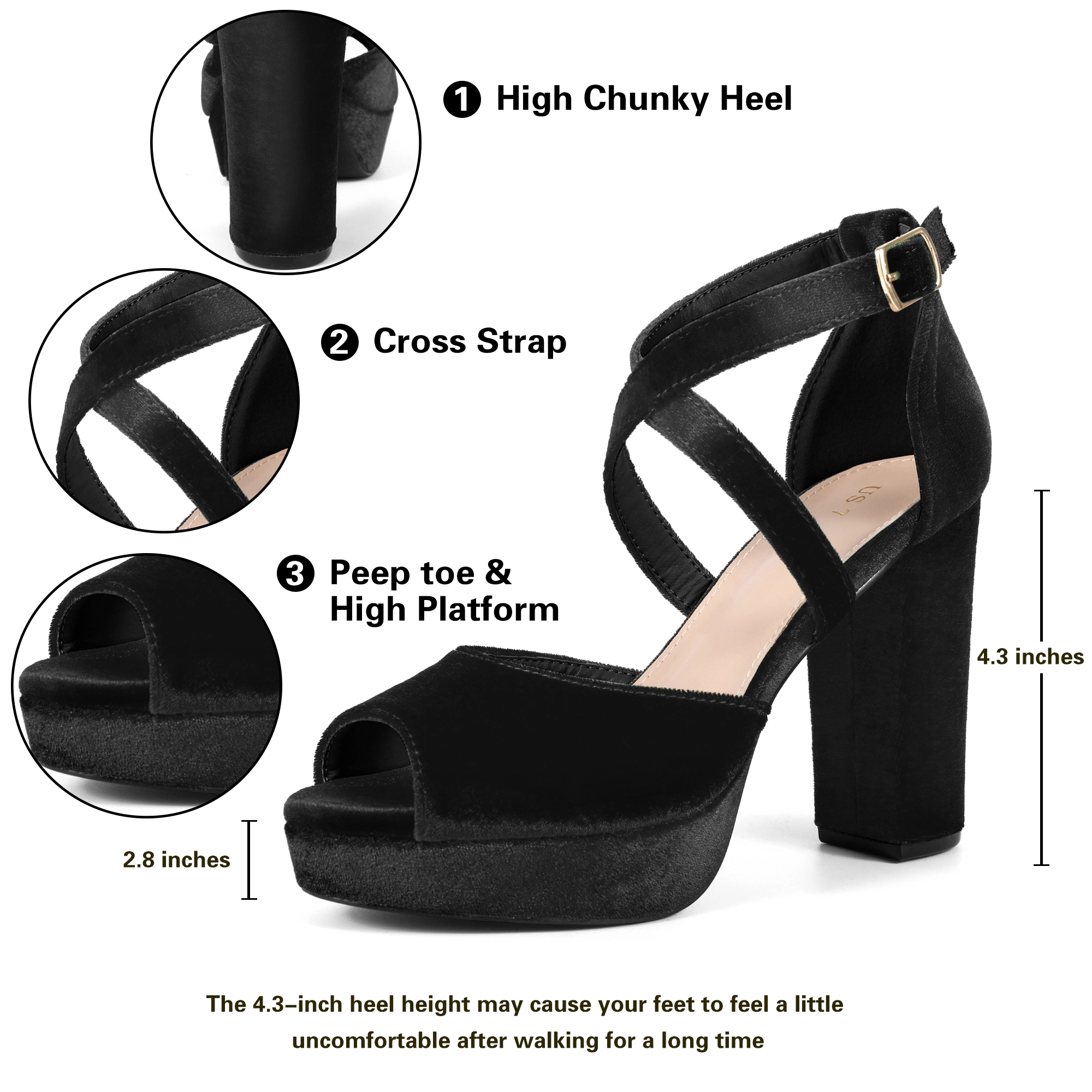 BLISSFUL STEP Women's Velvet Peep Toe Chunky Heel Block Platform Sandals