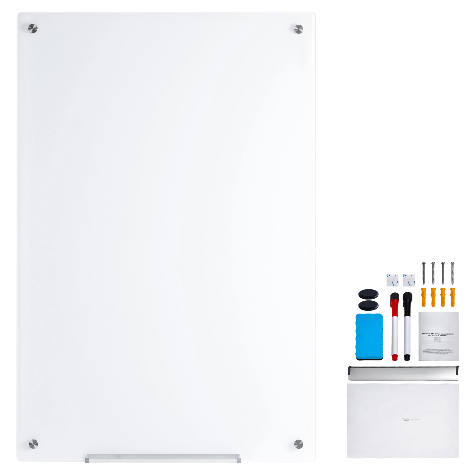 HONGGE Magnetic Glass Whiteboard Dry Erase Board Wall-Mounted Large White Glassboard Frameless with Marker Tray an