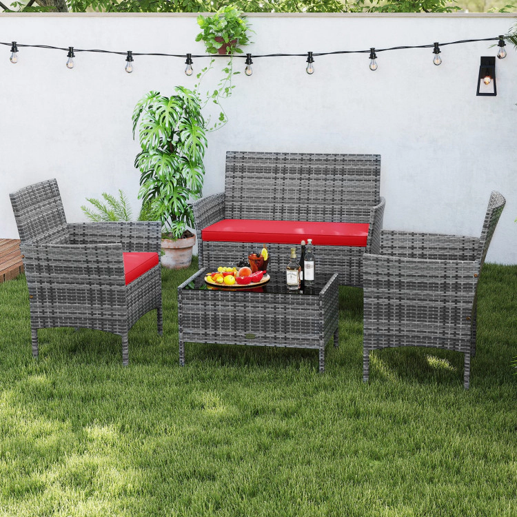 Hivvago 4 Pieces Patio Rattan Conversation Set With Tempered Glass Coffee Table