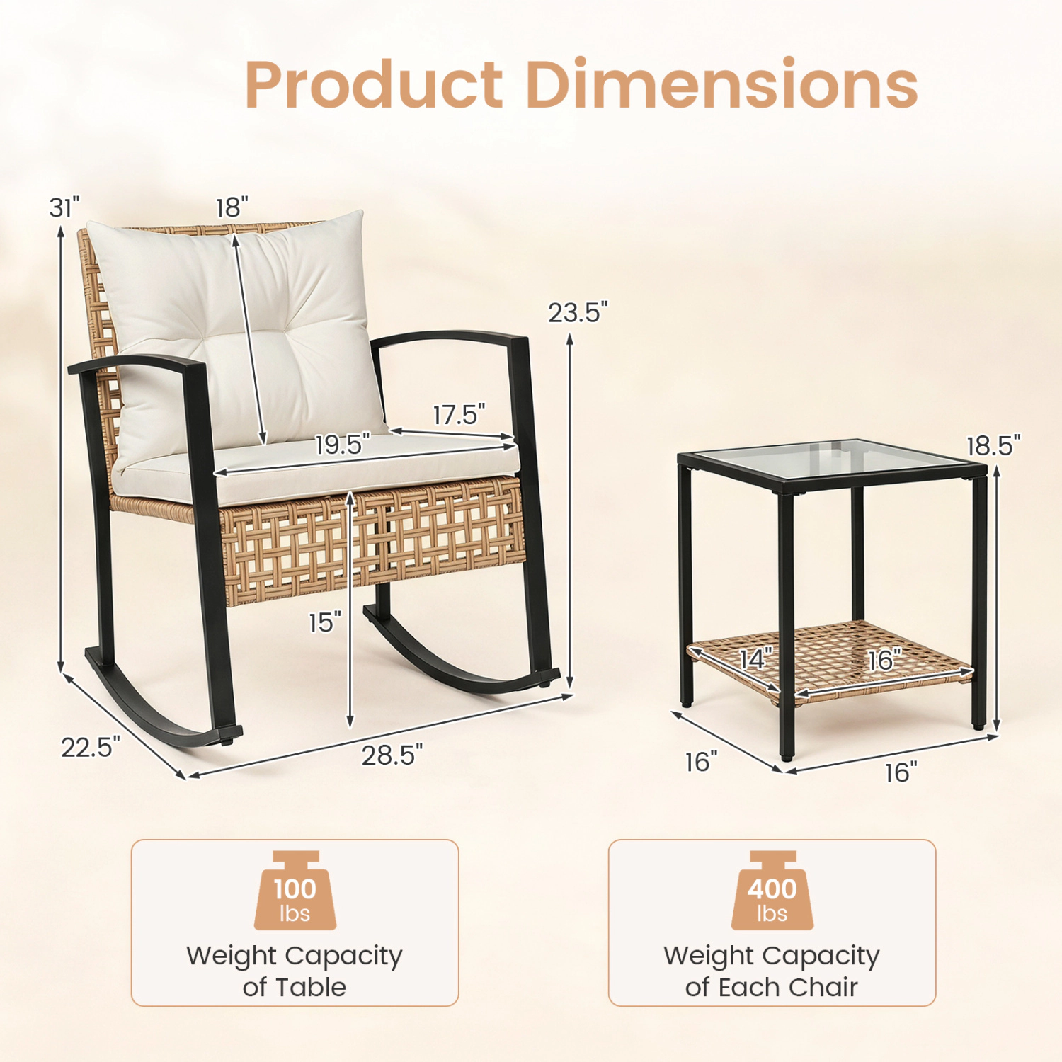 LJG 3-Piece Rattan Wicker Patio Conversation Set for Porch Balcony Garden Backyard
