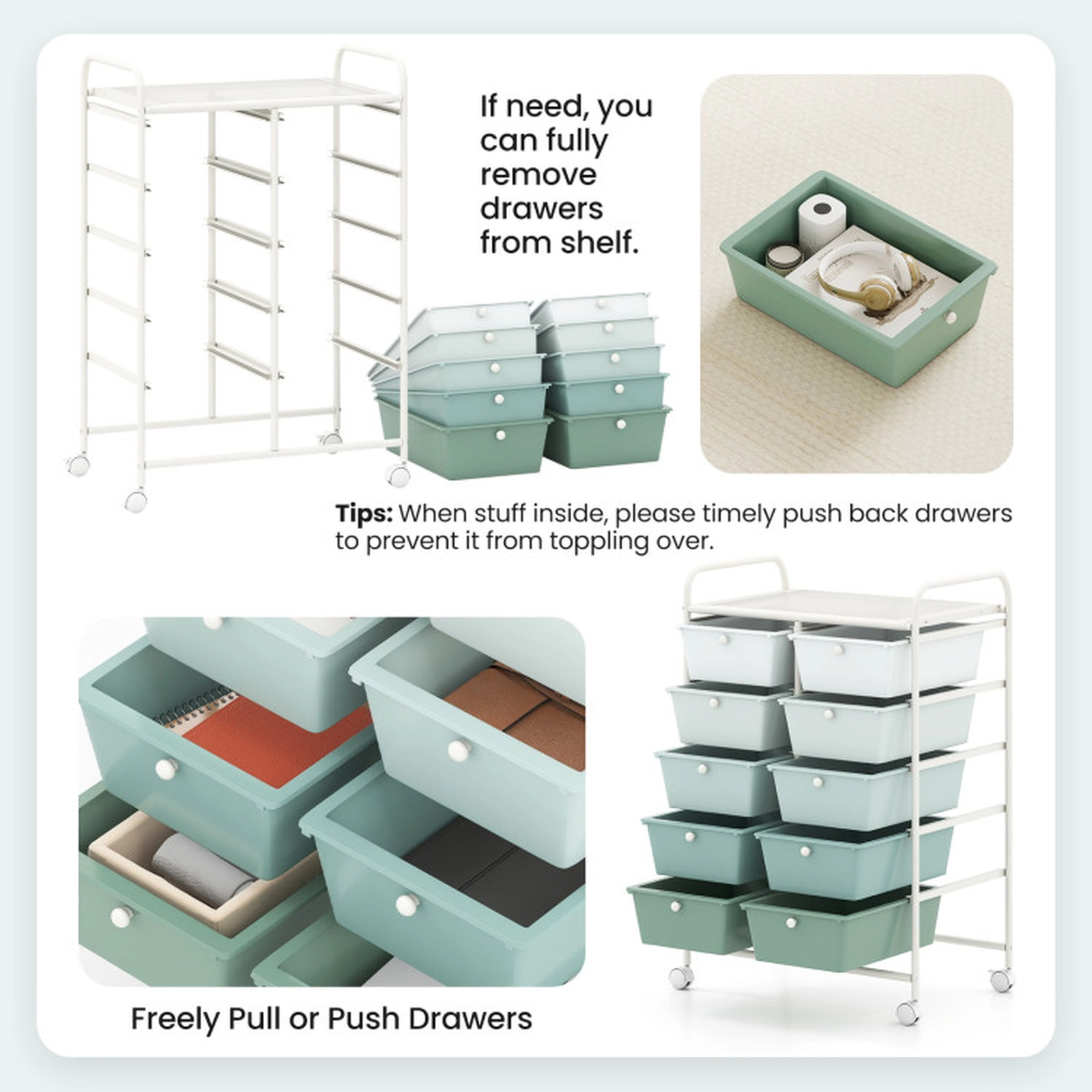 SUGIFT 10-Drawer Rolling Storage Cart with Mesh Top 22-lb Top Capacity 5.5-lb Drawer Capacity Light Green