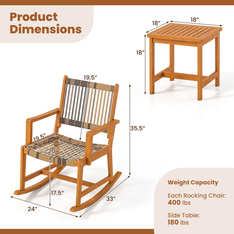 Hivvago 3 Piece Patio Rocking Set Acacia Wood Rocker Bistro Set With Rattan Seat And Back