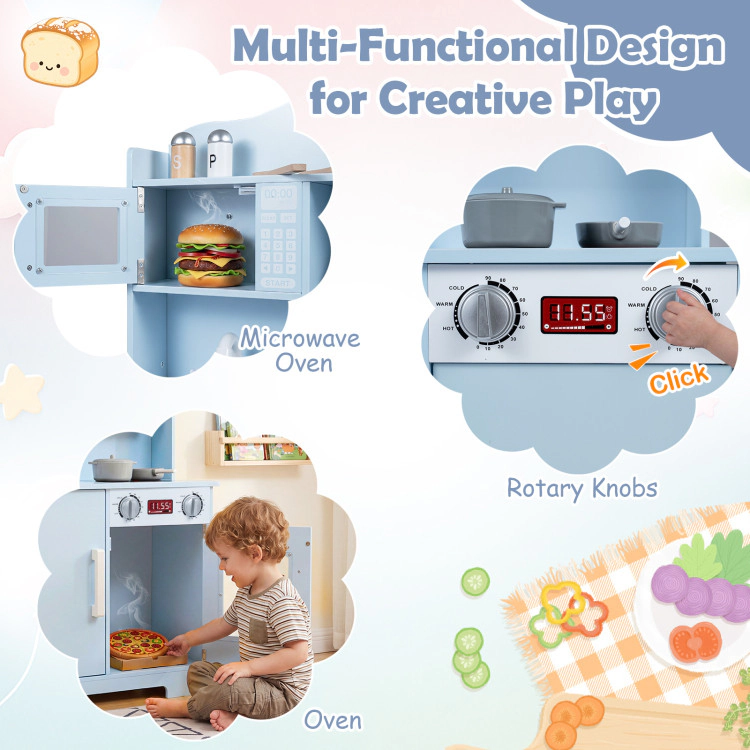 Hivvago Play Kitchen for Kids Wooden Playset with Range Hood and Microwave