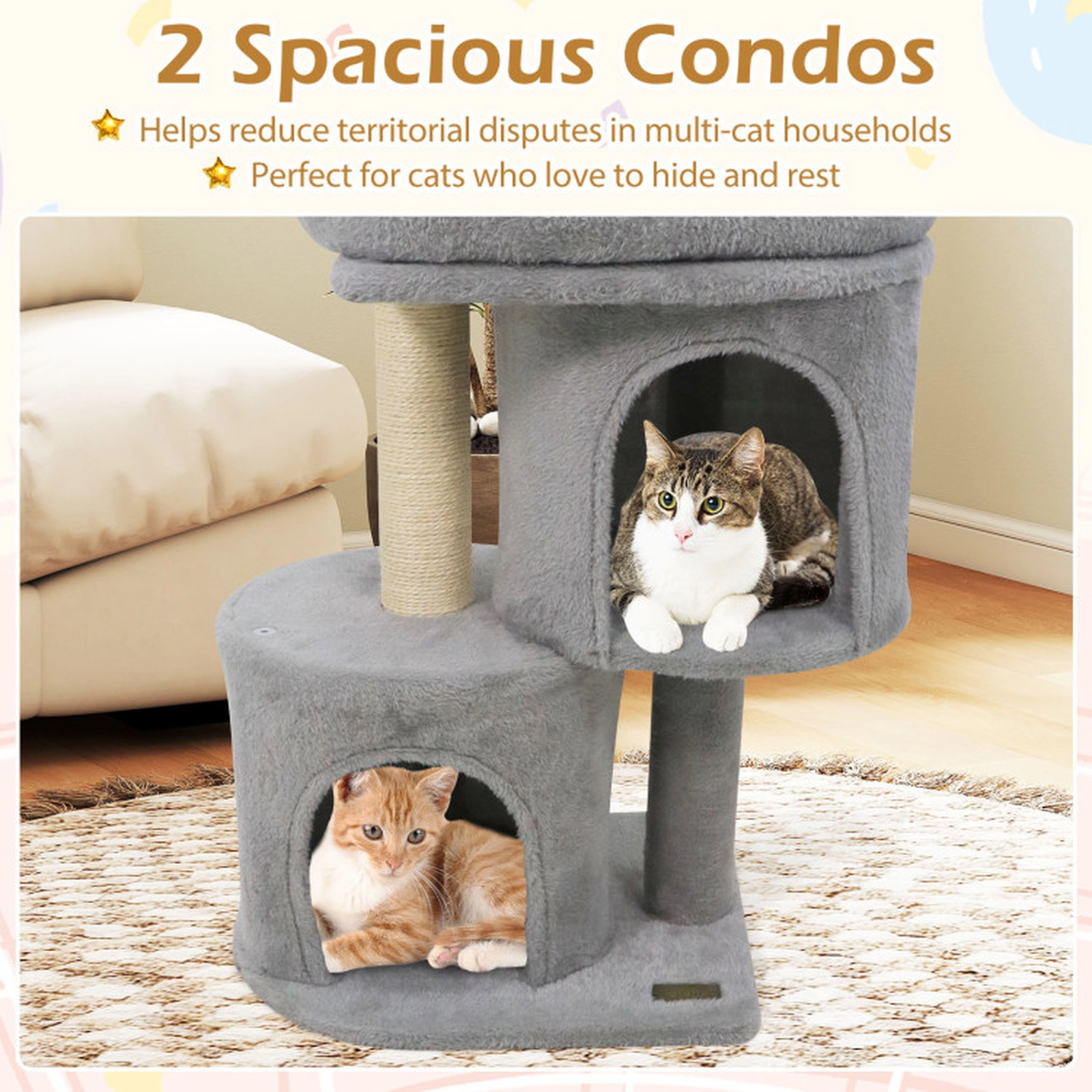 SUGIFT Multi-Level Cat Tree Tower with Large Padded Plush Perch Dual Condos 29-lb Capacity Light Gray 26-in Tall