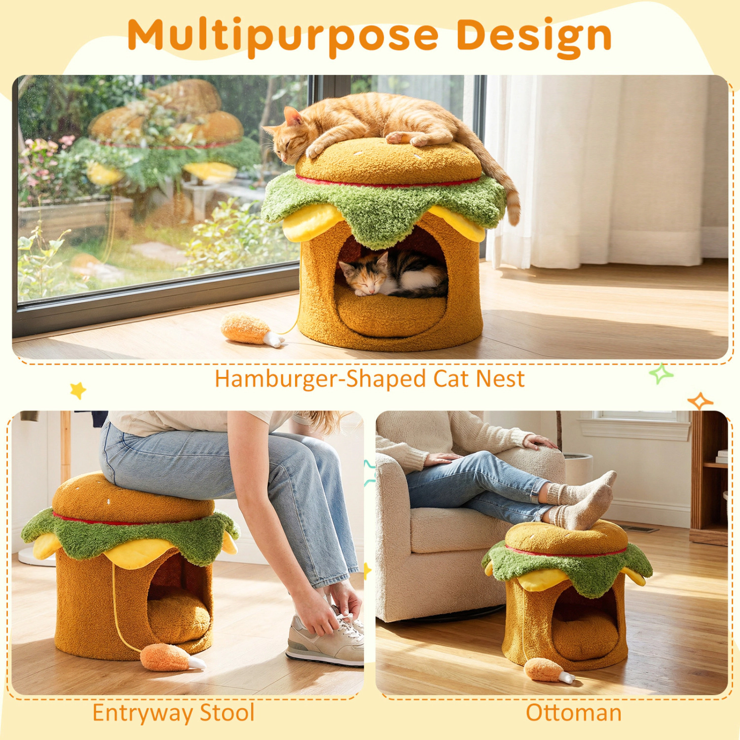 SUGIFT Hamburger Cat Nest Pet House with Chicken Drumstick Toy and Removable Cushion 155-lb Capacity Indoor Stool Yellow