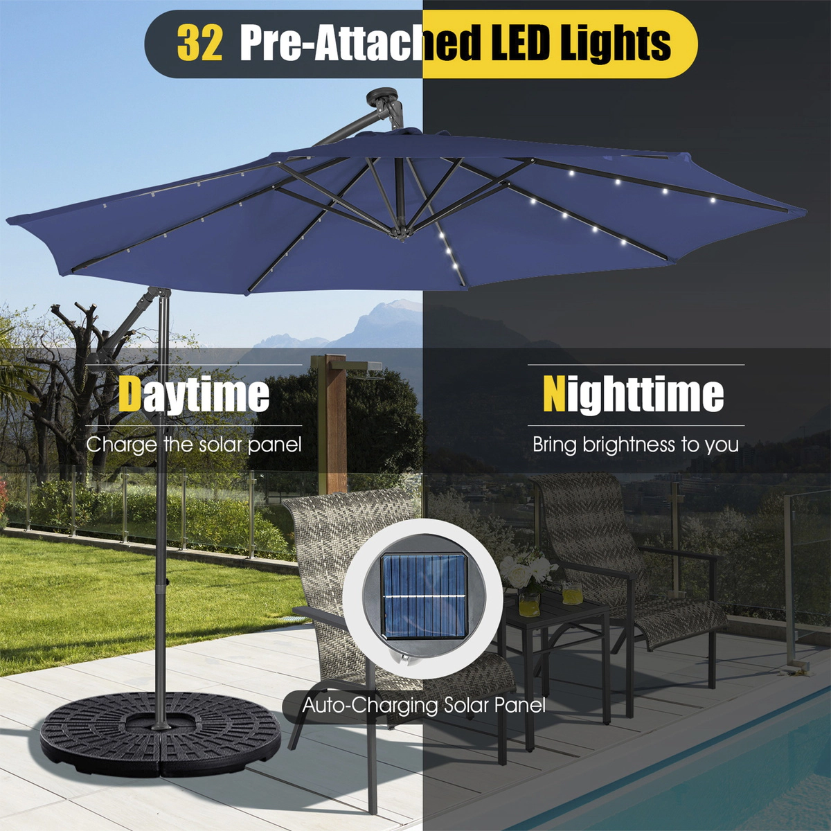 SUGIFT Solar Powered Cantilever Patio Umbrella with Tilting System and 32 LED Lights 10-ft Navy