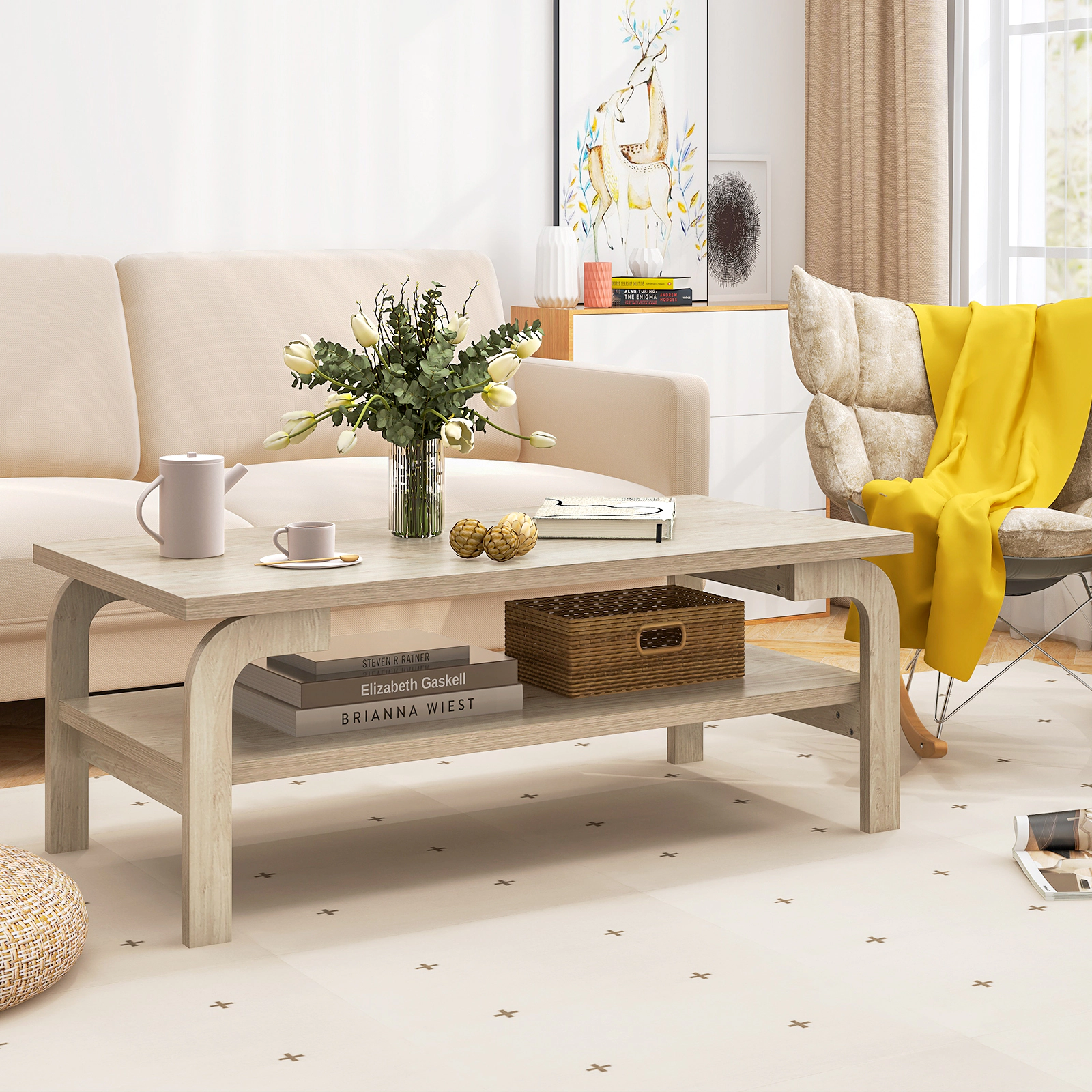 SlickBlue Rectangular Coffee Table with Storage and Oak Style Top