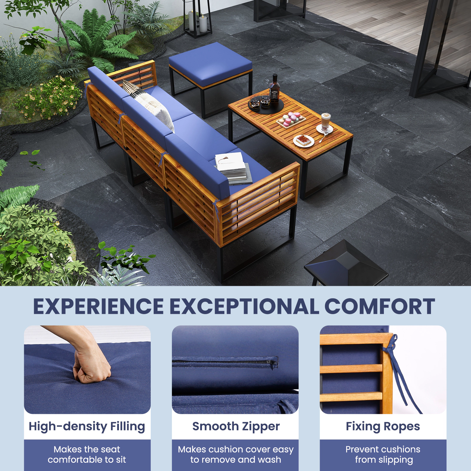SUGIFT 5-Piece Navy Acacia Wood Patio Sectional Set with Ottoman and Coffee Table