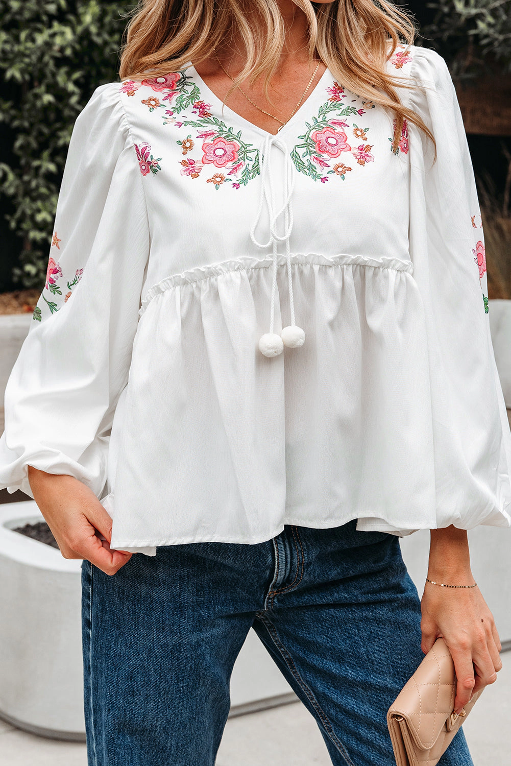 Threaded Pear Women's Skylar Flower Lace-up Babydoll Blouse
