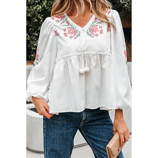 Threaded Pear Women's Skylar Flower Lace-up Babydoll Blouse
