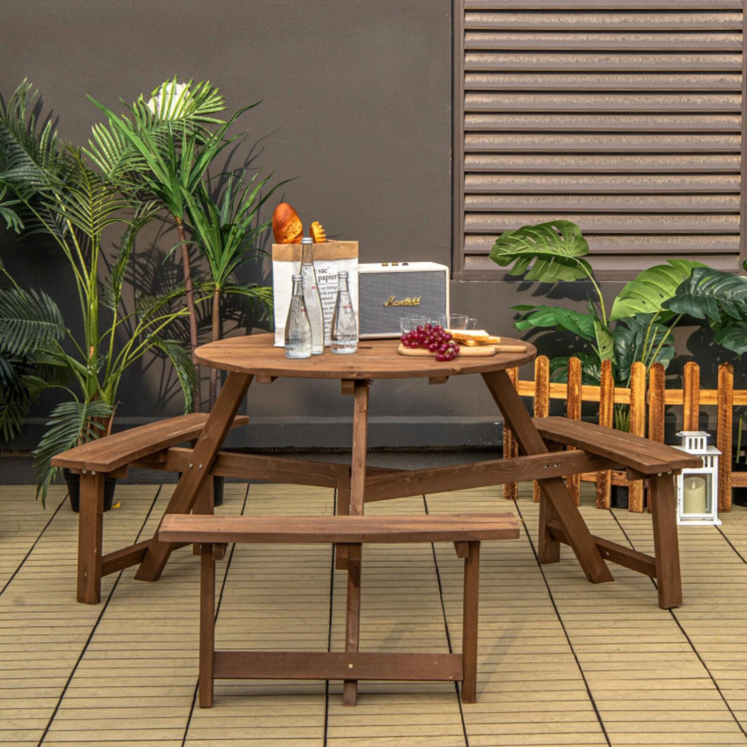 Hivvago 6-Person Round Wooden Picnic Table With Umbrella Hole And 3 Built-In Benches-Dark Brown