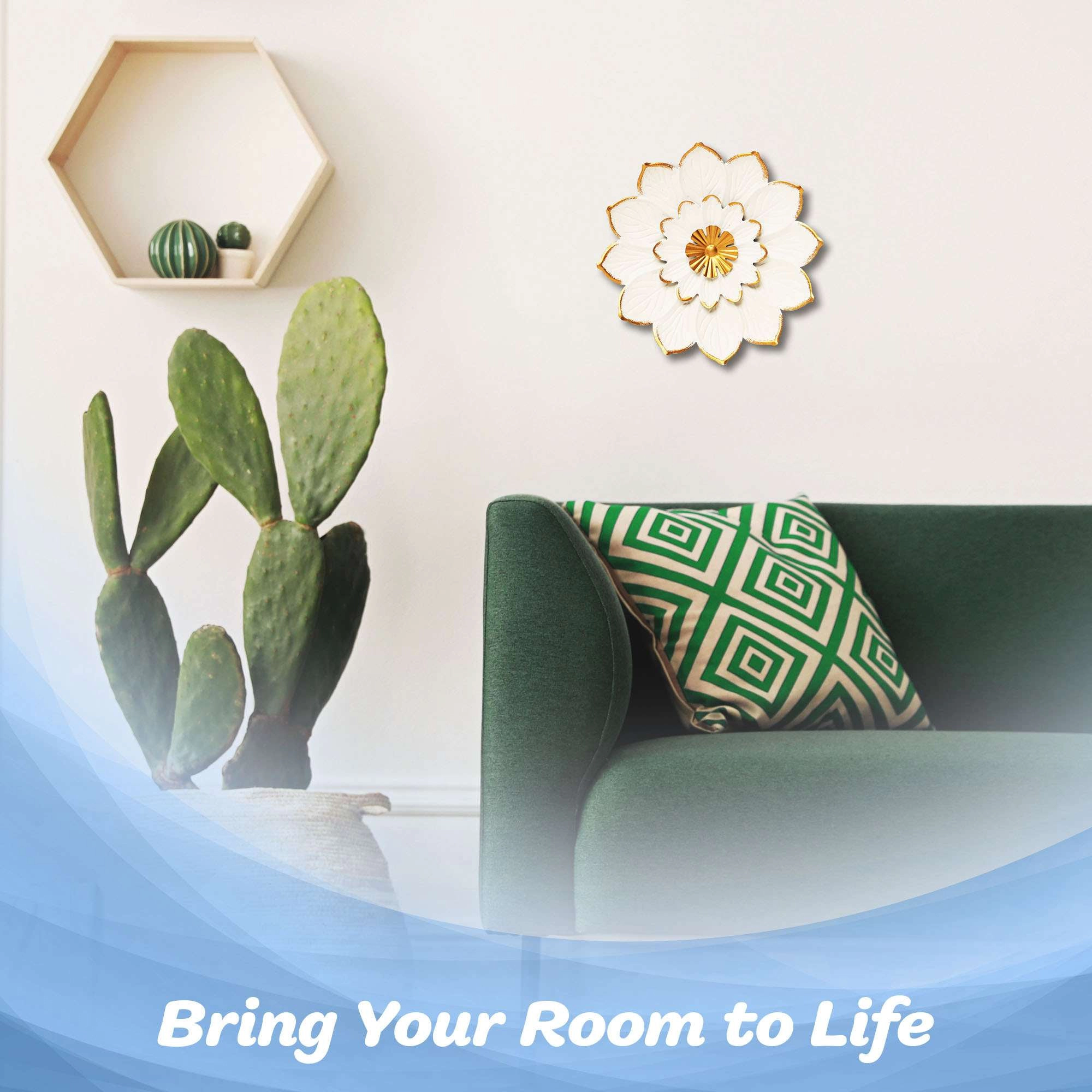 G128 9-inch White and Gold Metal Flower Wall Art - Rustic Floral Wall Hanging for Indoor and Covered Outdoor Spaces
