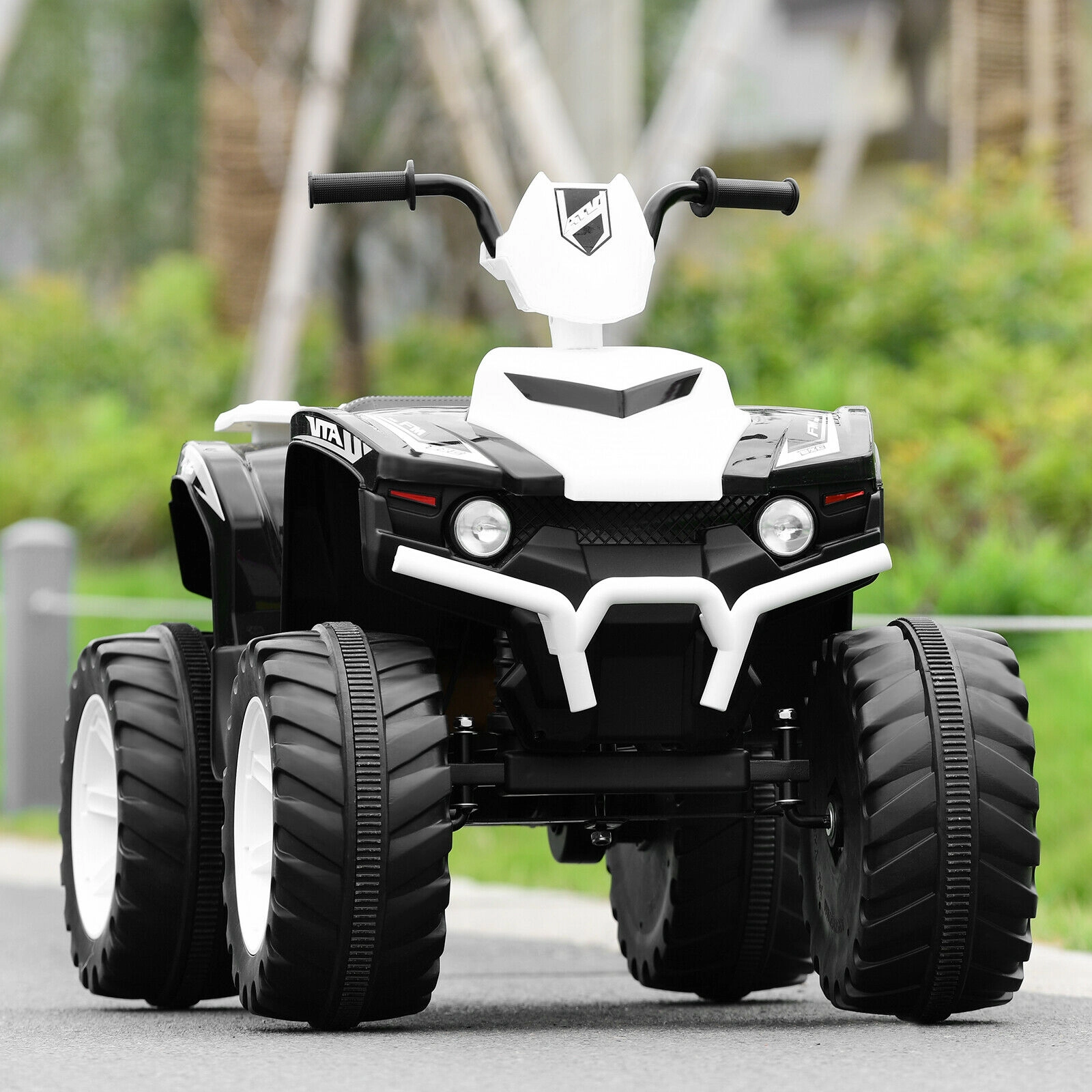 12V Kids ATV 4 Wheeler Quad Ride On Car Treaded Tires LED Headlights High and Low Speed and USB Music Ages 3-7 White