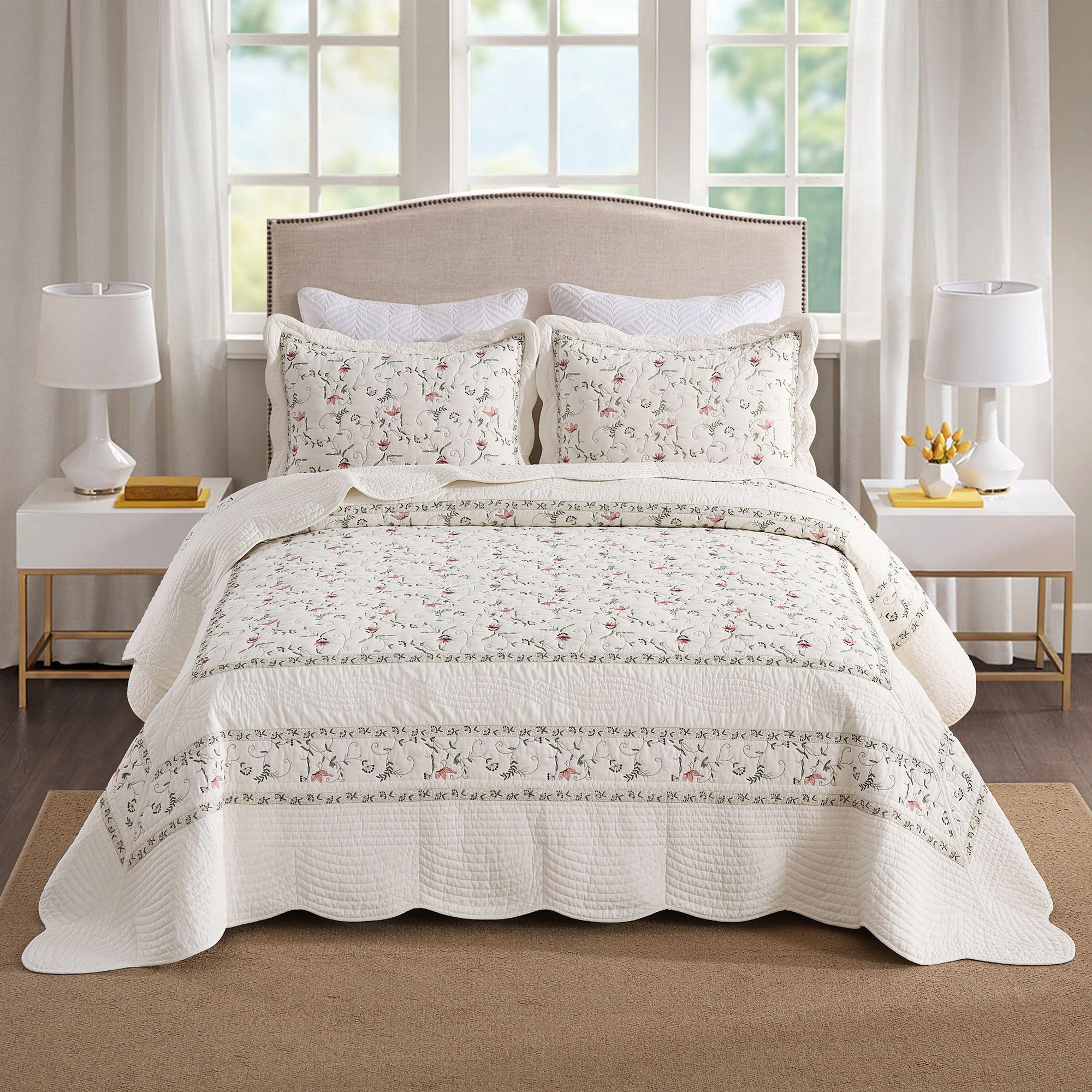 MarCielo 3 Piece Oversized 100% Cotton Embroidered Floral Quilt Bedspread Set