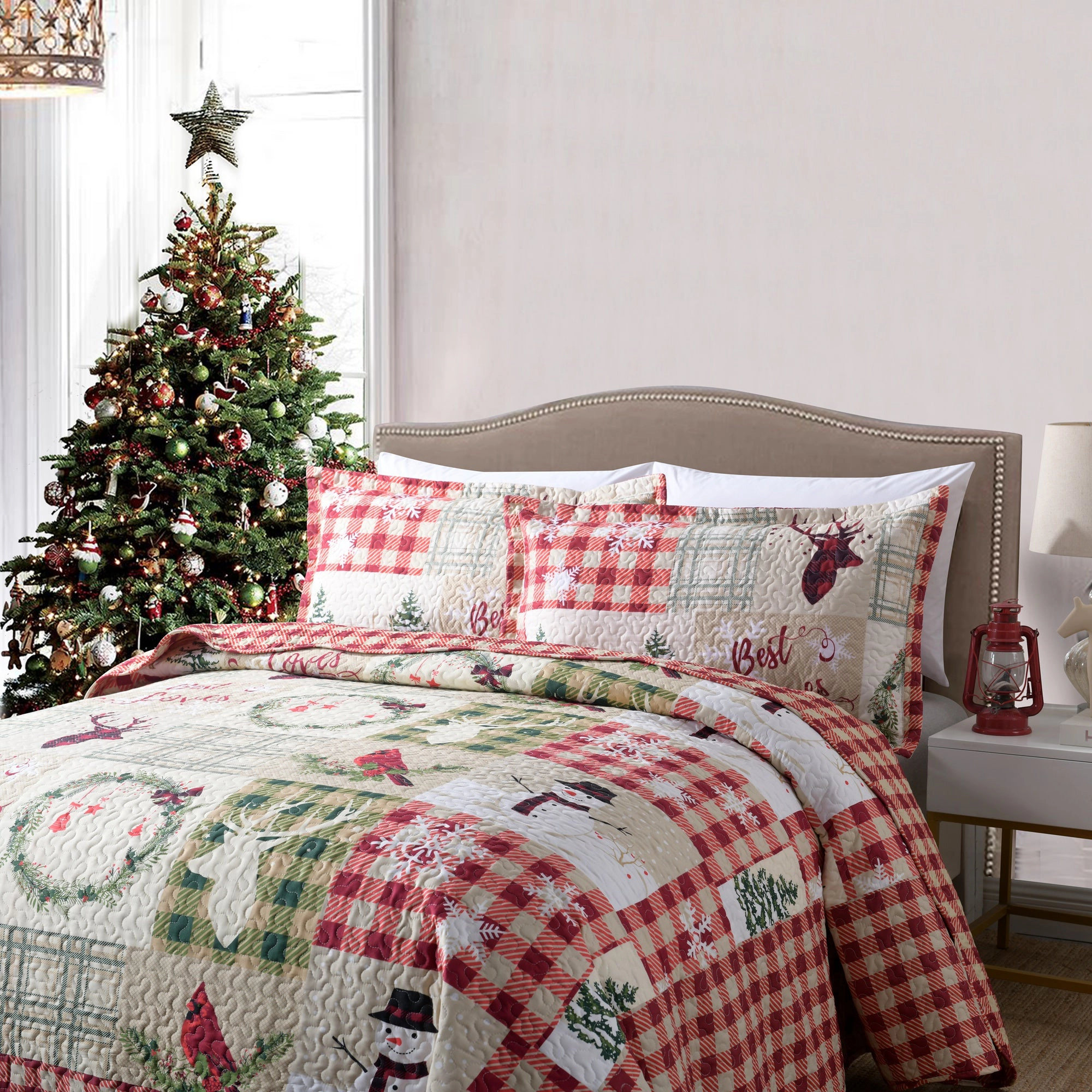 MarCielo 3 Piece Christmas Snowman Reversible Quilt Set Lightweight Holiday Bedspread Set