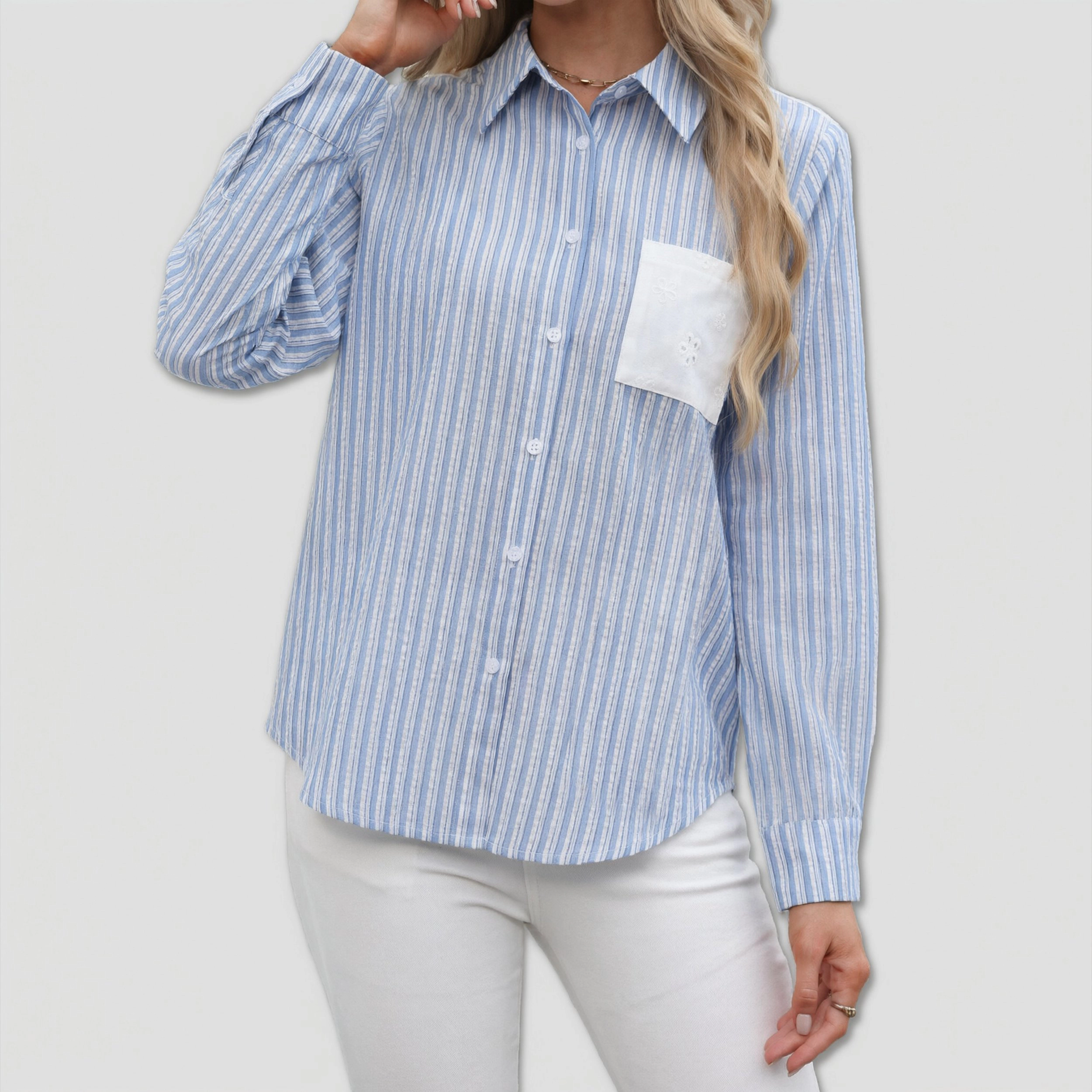 Zeagoo Women's Stripe Eyelet Floral Embroidered Color Block Long Sleeve Button Down Shirt