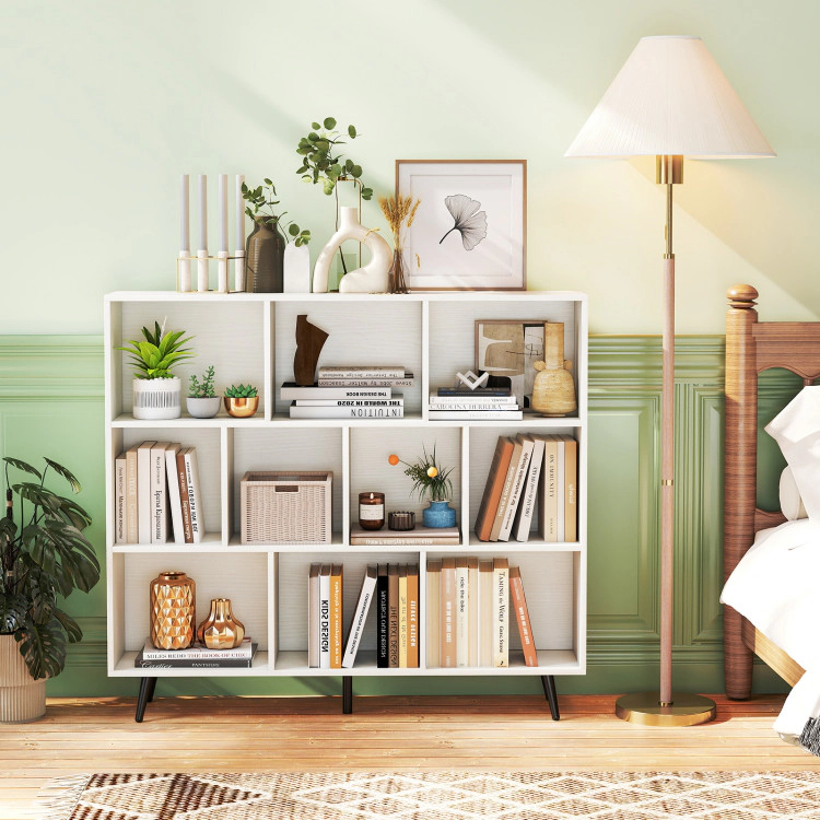 Hivvago Mid-Century Cube Bookcase – Compartments, Off White Storage Shelf with Metal Legs