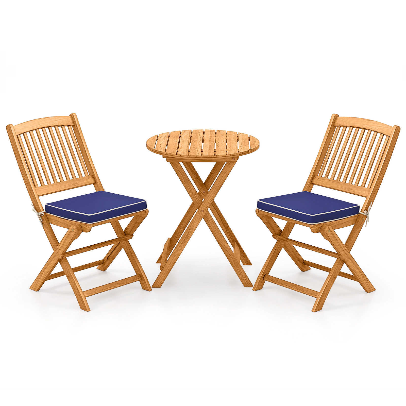 LJG 3 Pieces Acacia Wood Patio Folding Bistro Set with Soft Cushions