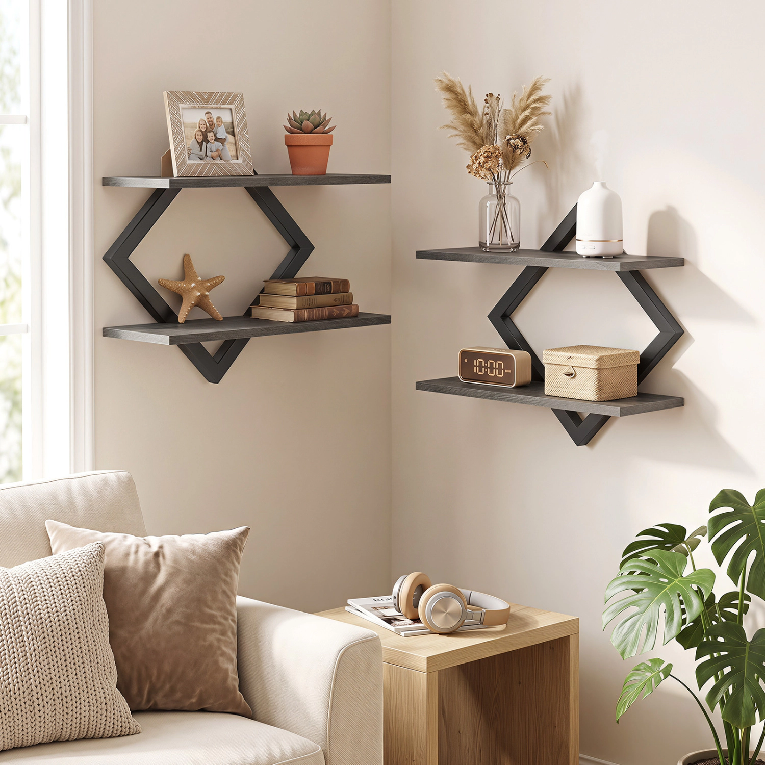 LJG Set of 2 Metal Floating Shelves for Wall with Geometric Frame