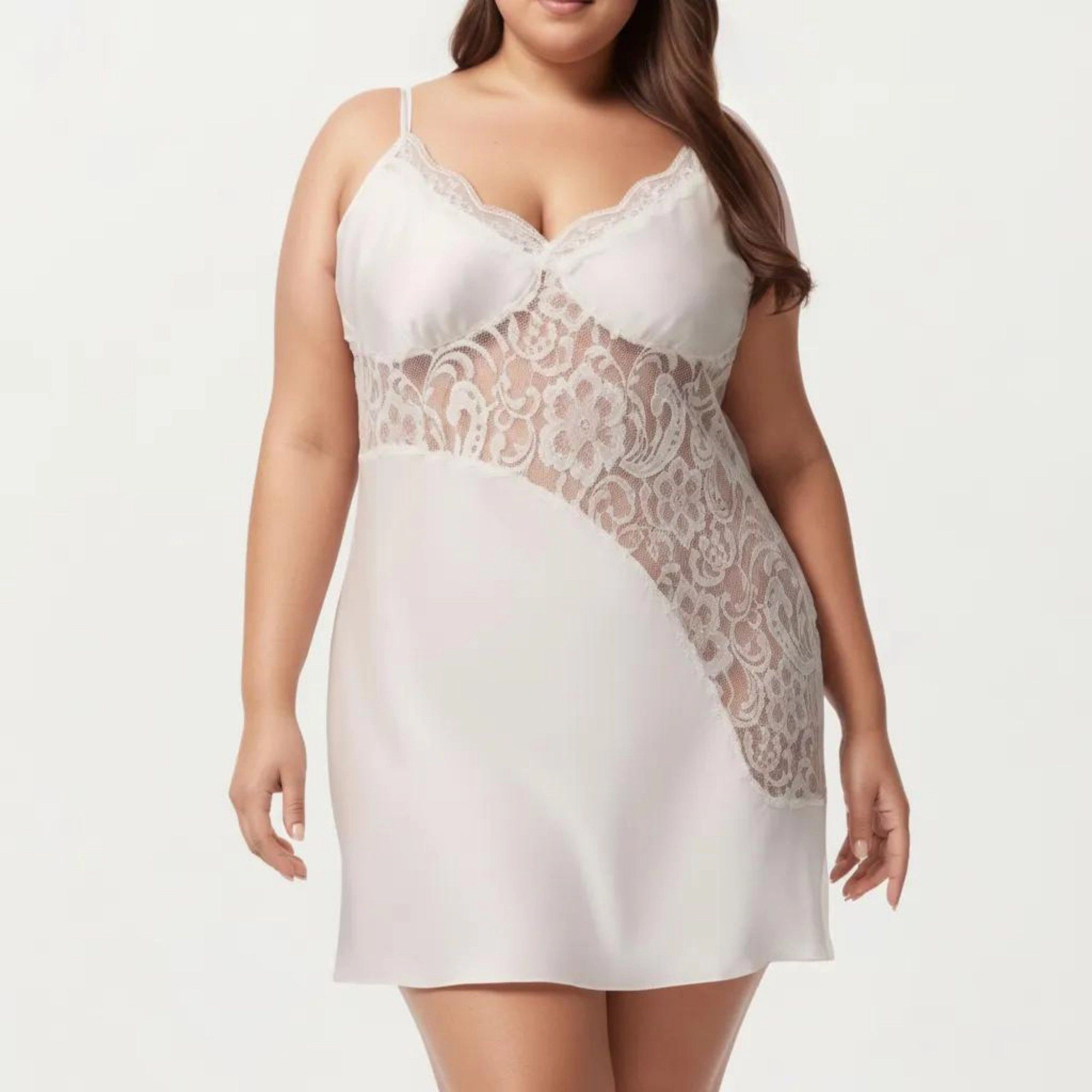 Anna-Kaci Women's Plus Lace Panel Chemise Slip Dress Adjustable Strap Sleepwear
