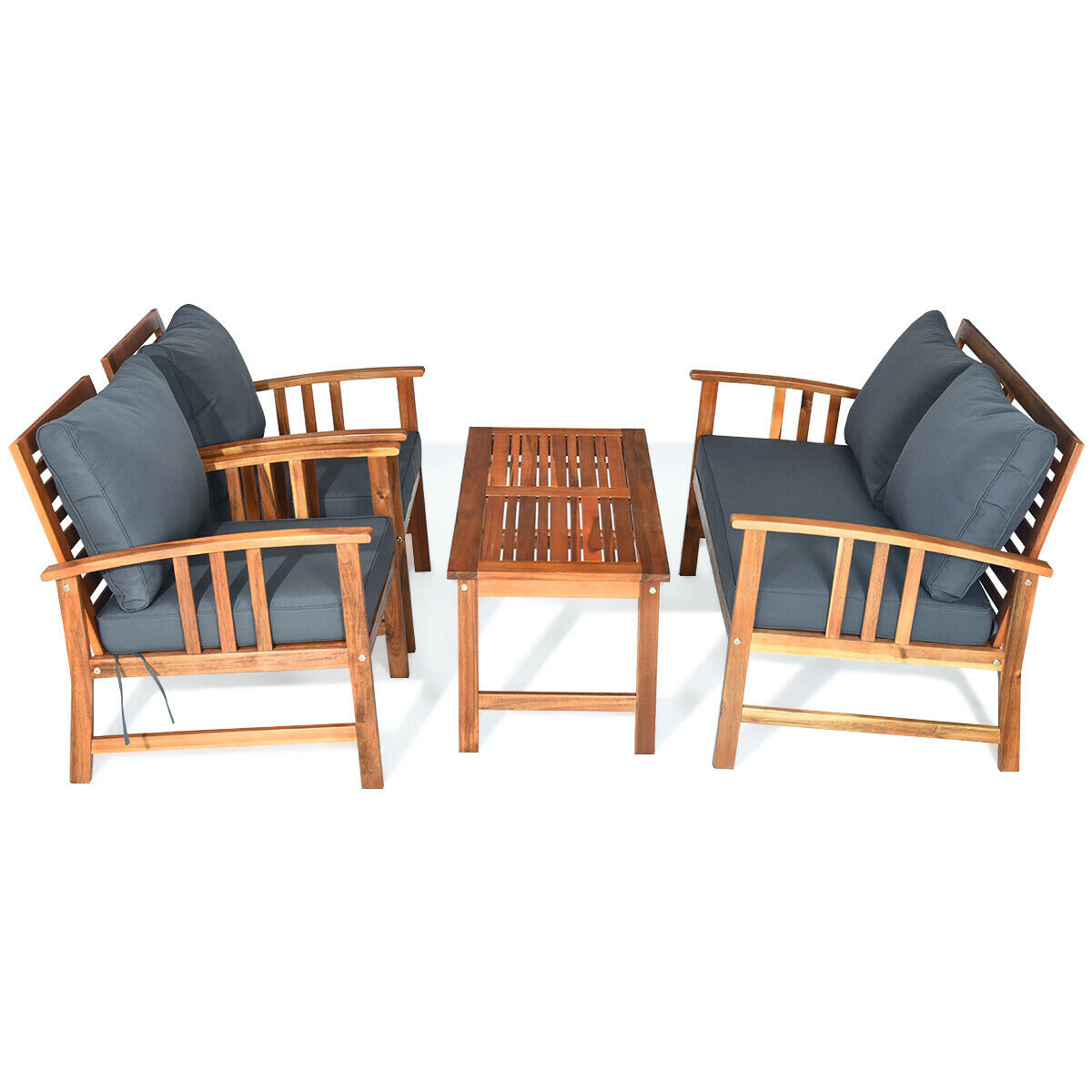 SUGIFT 4-Piece Acacia Wood Patio Furniture Set, Loveseat, 2 Chairs, Table, 7 Cushions