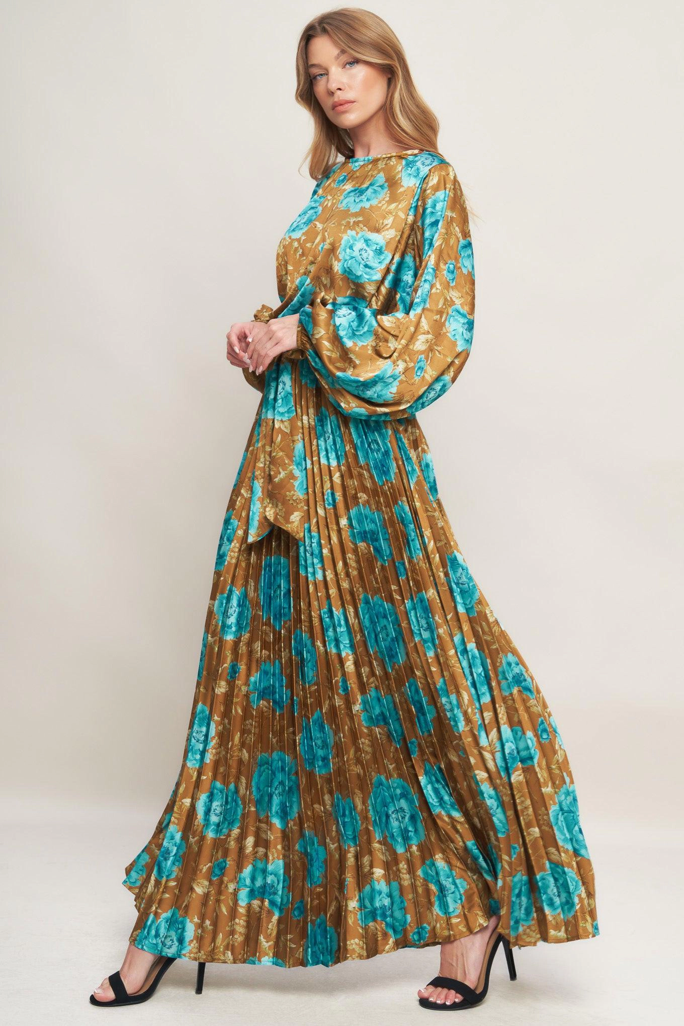 Truedames Women Golden Bloom Luxe Woven Satin Maxi Dress