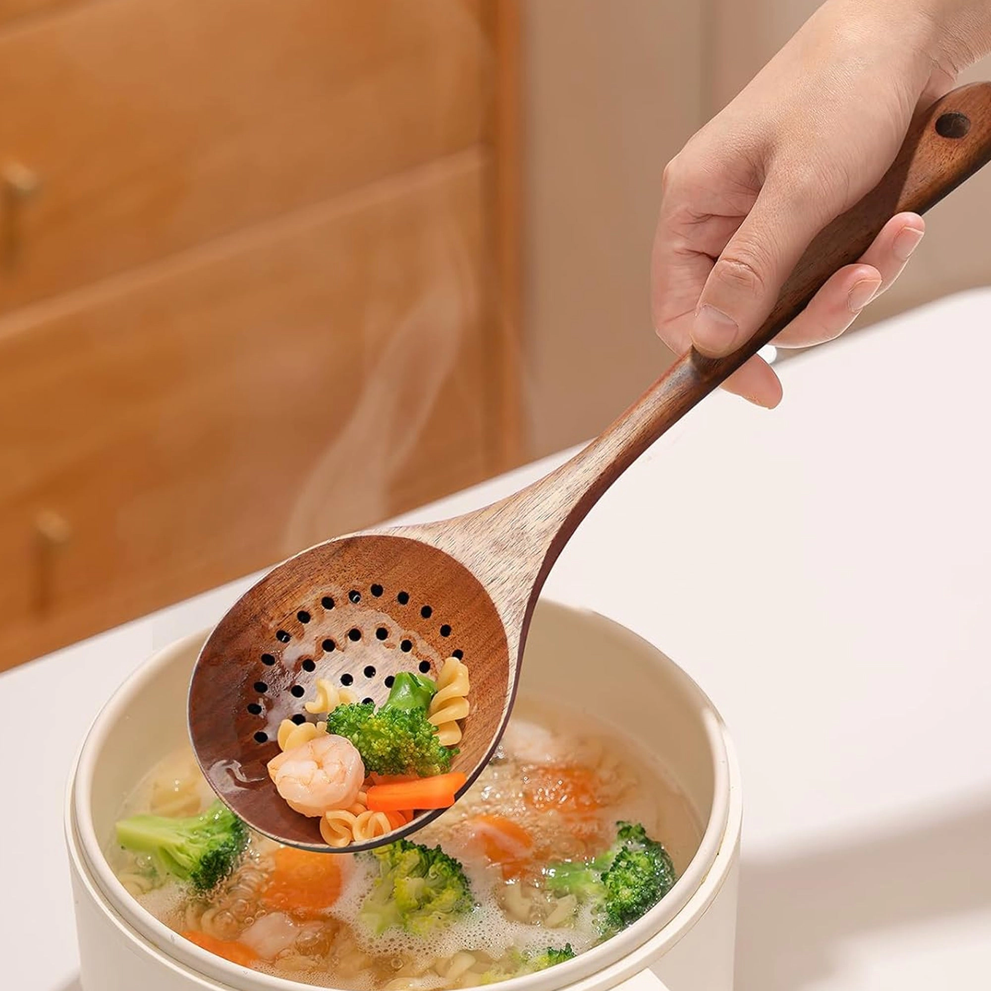 Cheer Collection Teak Wood Strainer Spoon for Pasta and Cooking with Drain Holes