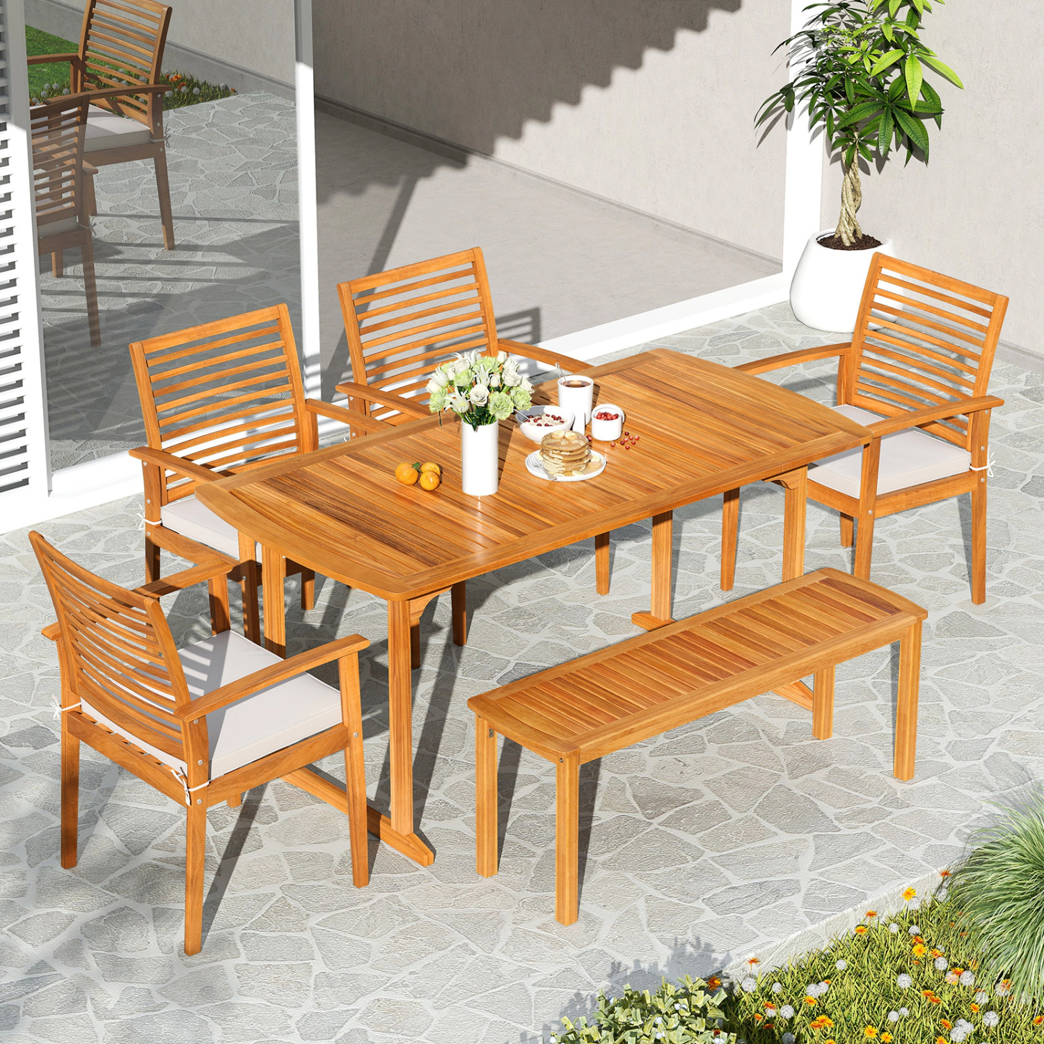 Slickblue 6 Piece Acacia Wood Dining Set Outdoor Patio Table Chairs Bench