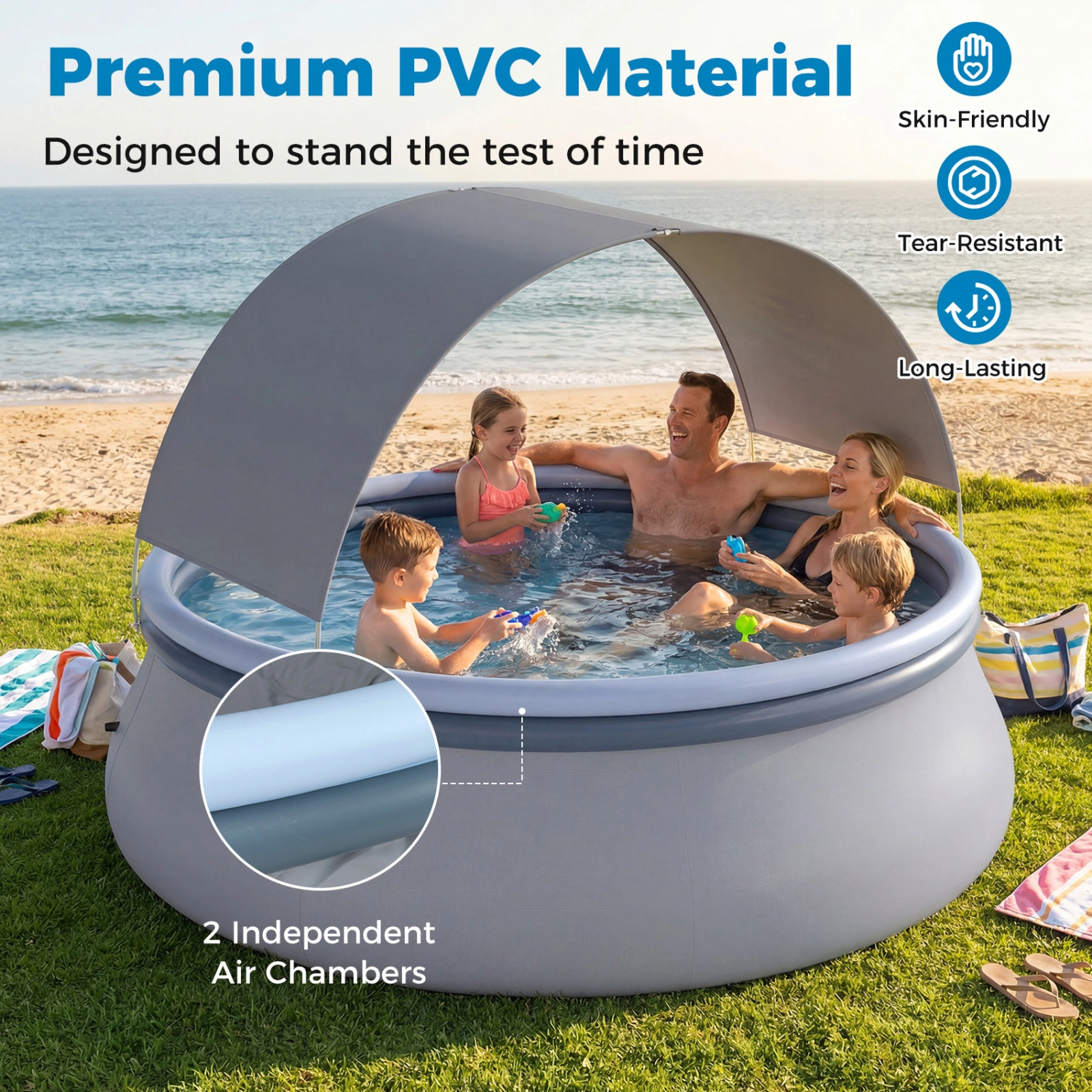SUGIFT Outdoor Inflatable Pool with Sunshade Canopy M Size 118-in Wide 992-lb Capacity 6-Person Blue + Gray