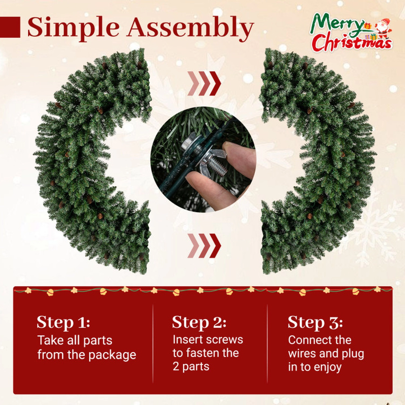 SUGIFT Green 60-in Pre-Lit Artificial Christmas Wreath with 200 Warm White LED Lights and 680 Branch Tips