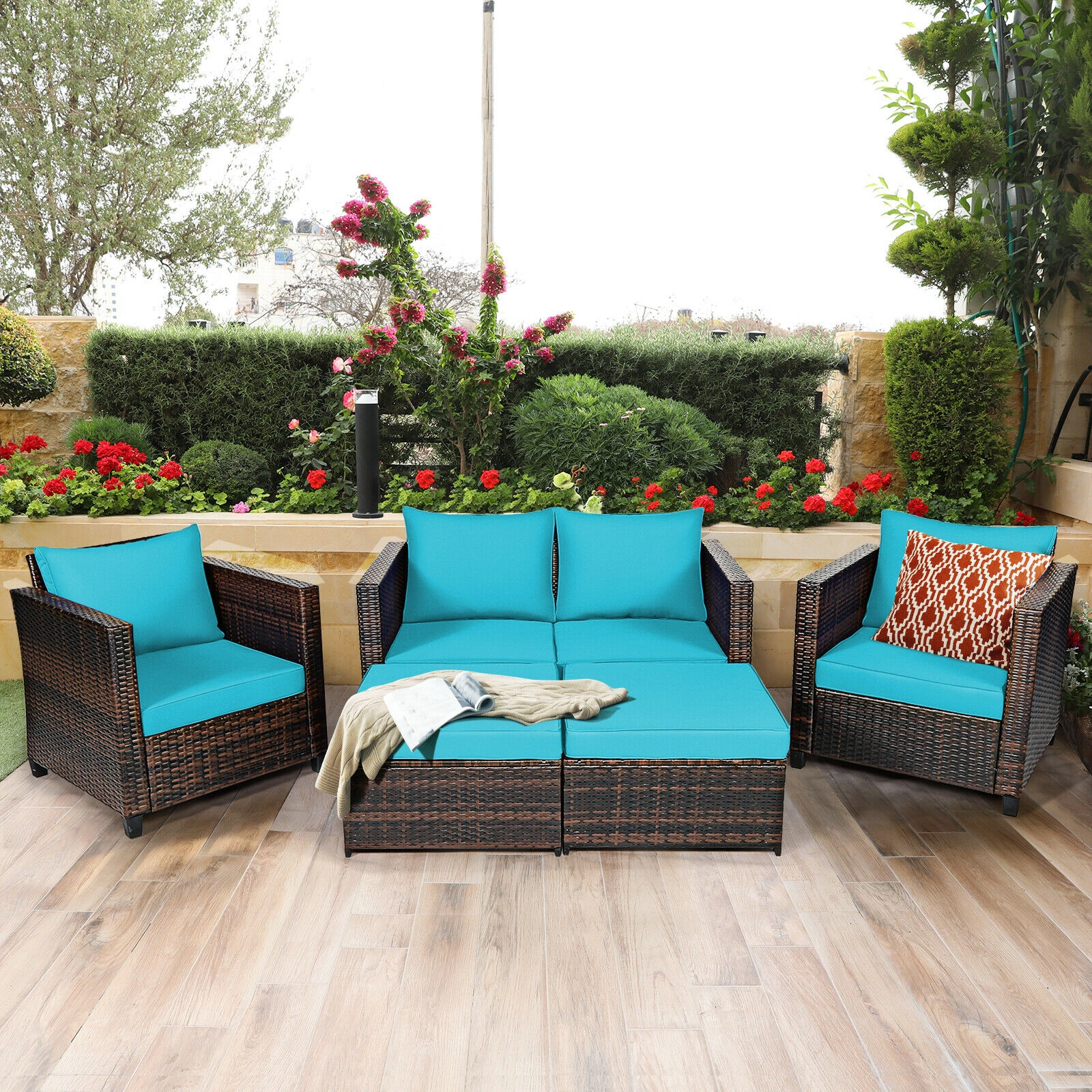 LJG 5 Pieces Patio Cushioned Rattan Furniture Set