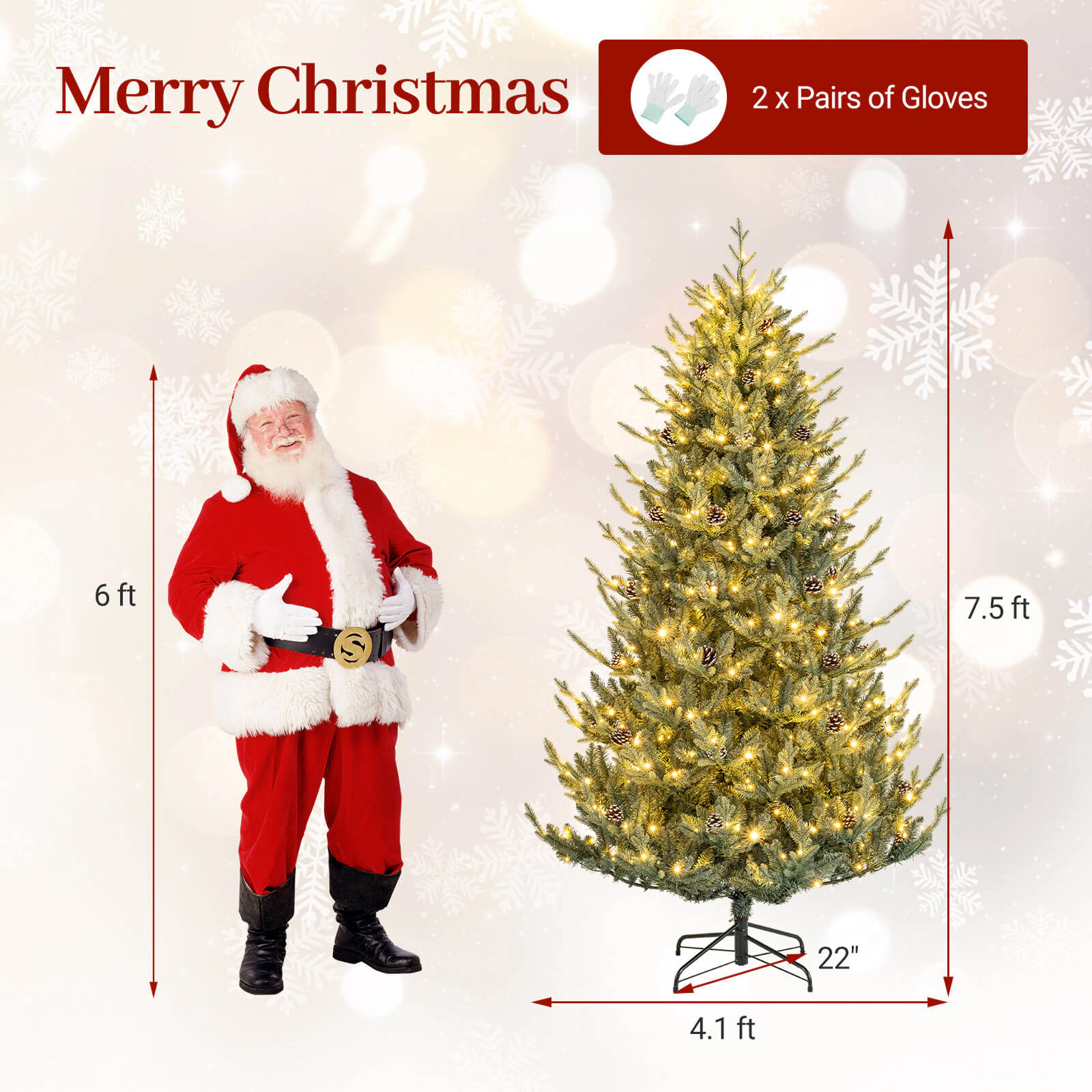 Costway 7.5 FT Artificial Christmas Tree with 1306 Branch Tips 500 LED Lights 48 Pine Cones