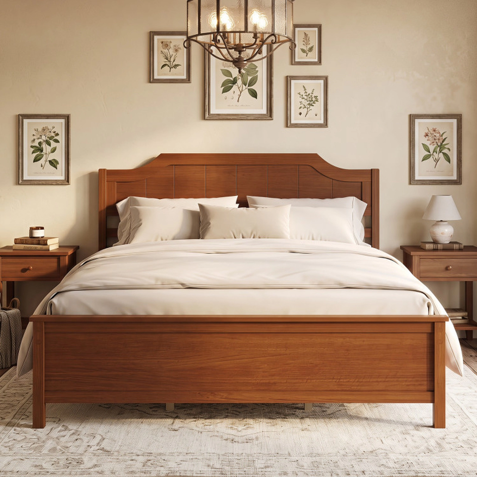 SUGIFT Queen Size 440-lb Capacity Walnut Solid Wood Platform Bed Frame with Headboard and 8 Plywood Slats