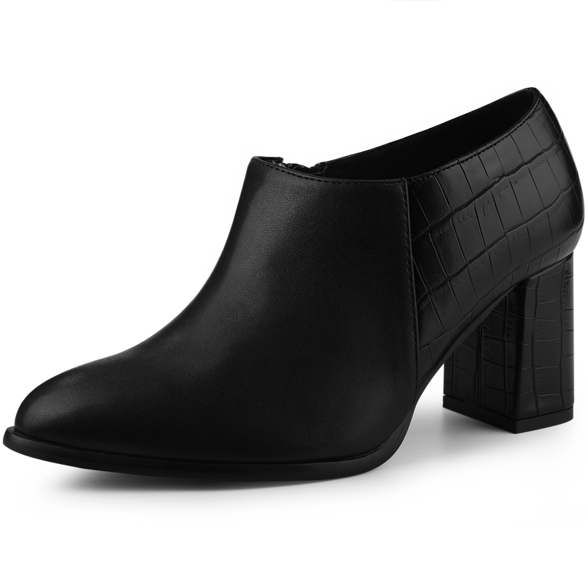 BLISSFUL STEP Women Faux Leather Pointed Toe Chunky Heel Ankle Booties