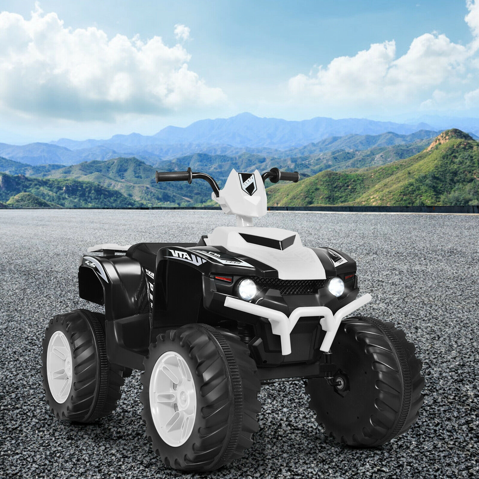 12V Kids ATV 4 Wheeler Quad Ride On Car Treaded Tires LED Headlights High and Low Speed and USB Music Ages 3-7 White