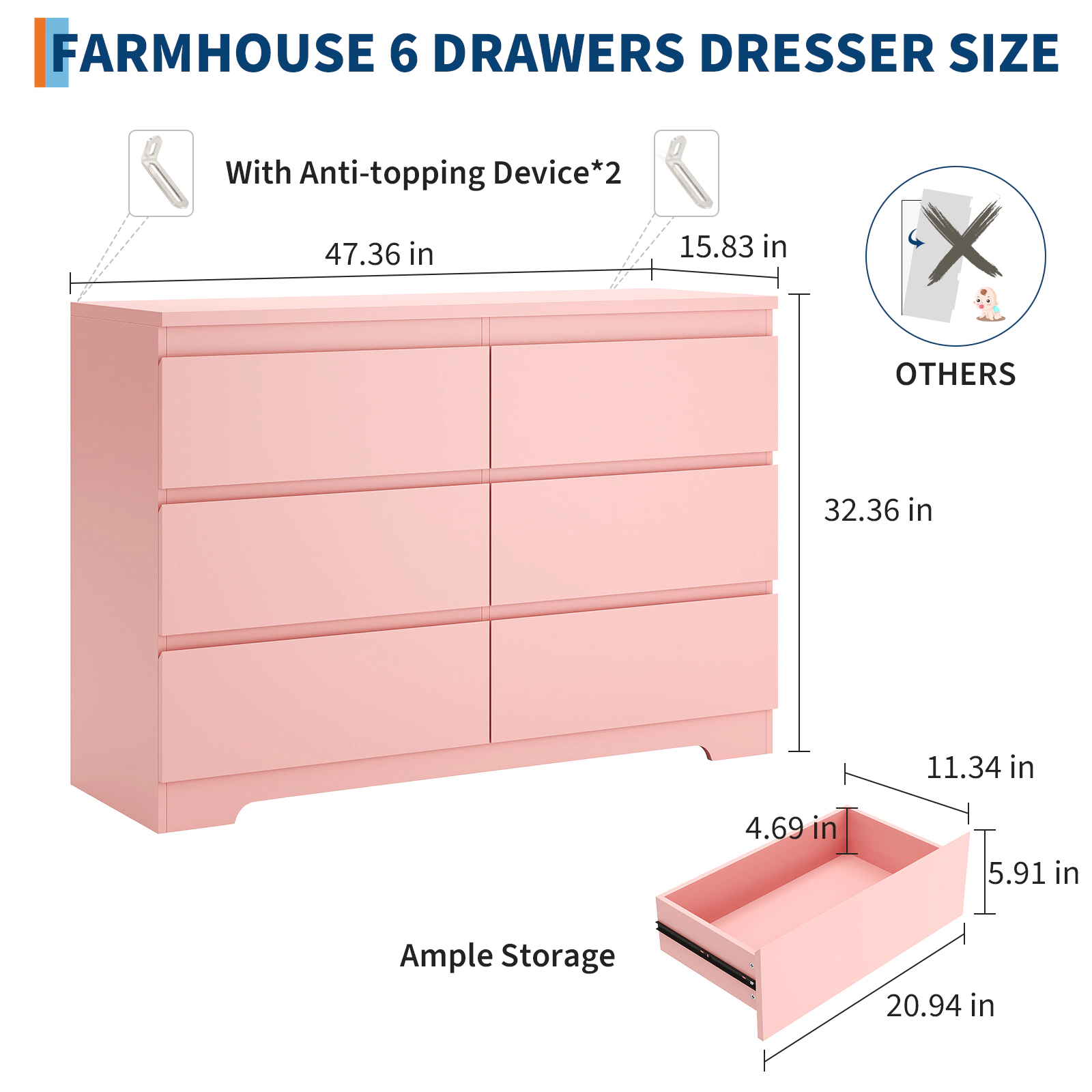 Modern 6 Drawer Dresser, Stylish Lacquered Wood Storage for Bedroom, Living Room, Entryway