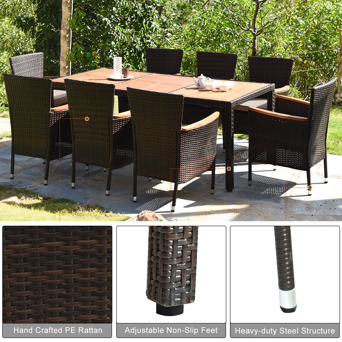 SUGIFT 9-Piece Stackable Rattan Chairs Acacia Wood Table Outdoor Dining Set 75-in x 36-in 250-lb Capacity Mix Brown