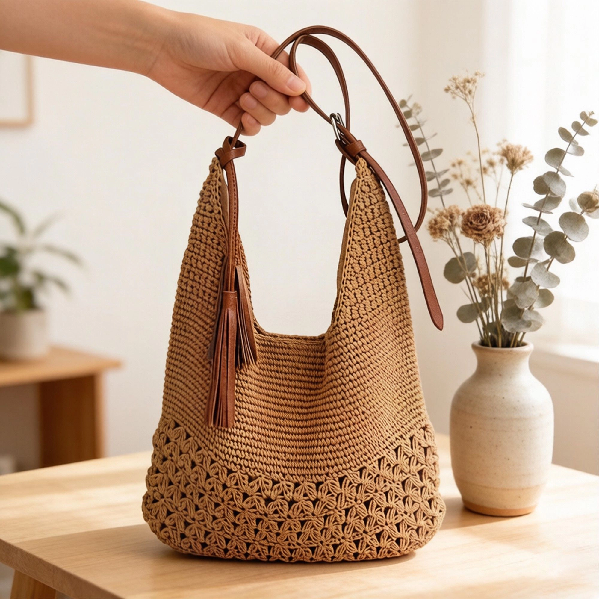 Alilang Women's Crochet Hobo Shoulder Bag with Tassel Detail Adjustable Strap Slouchy Knit Handbag Casual Tote