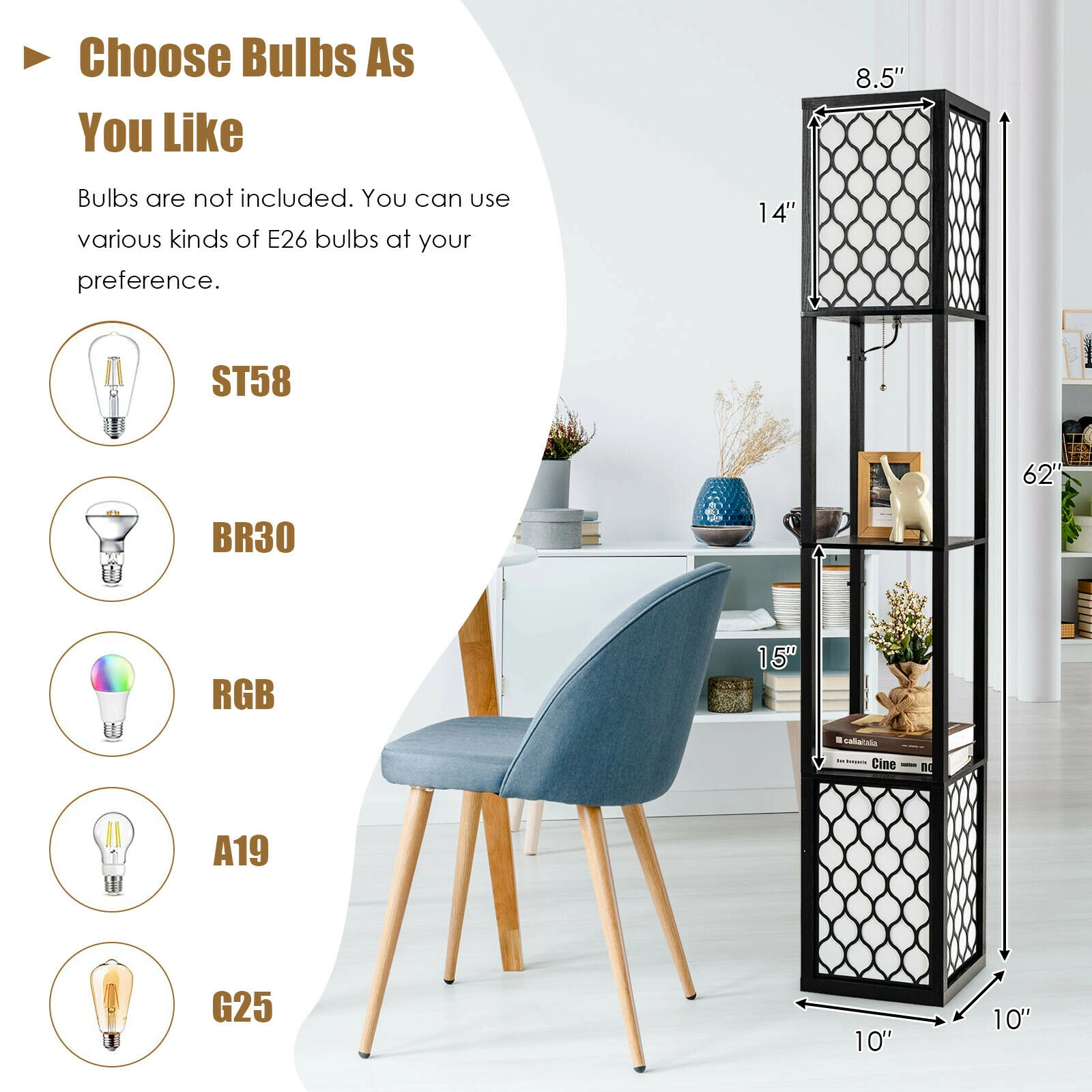 Slickblue 2-Light Shelf Floor Lamp 62in Black White with 2-Tier Storage Shelves Bedroom